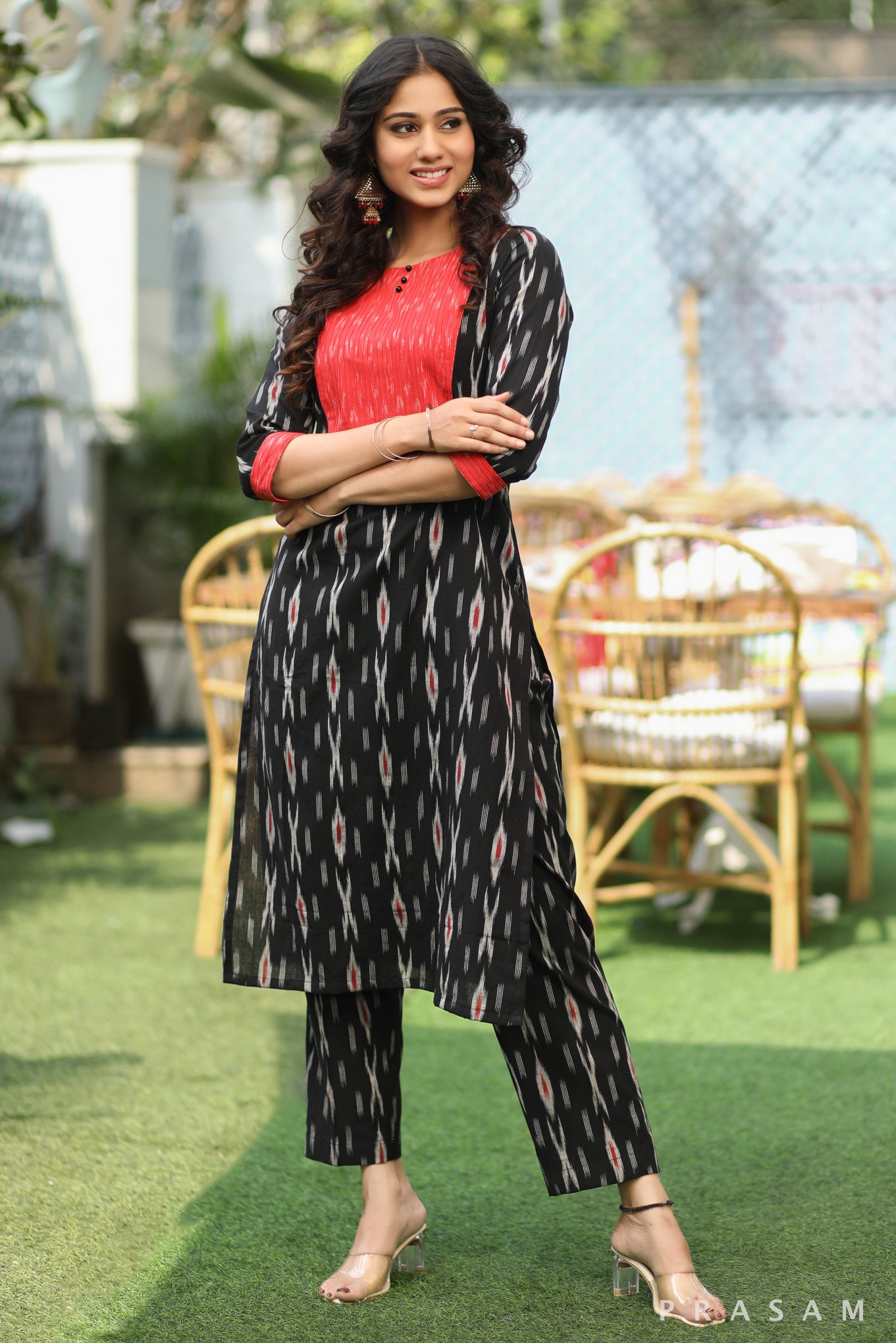 Black Bean Must Have Black Handloom Cotton Red Ikat Yoke Kurti with Pants