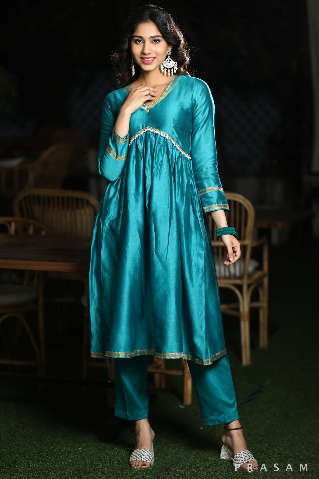 Glamour & Grace Vibrant Chanderi Silk Kurta Set With Gathers And Ethnic Lace (Dupatta Optional)