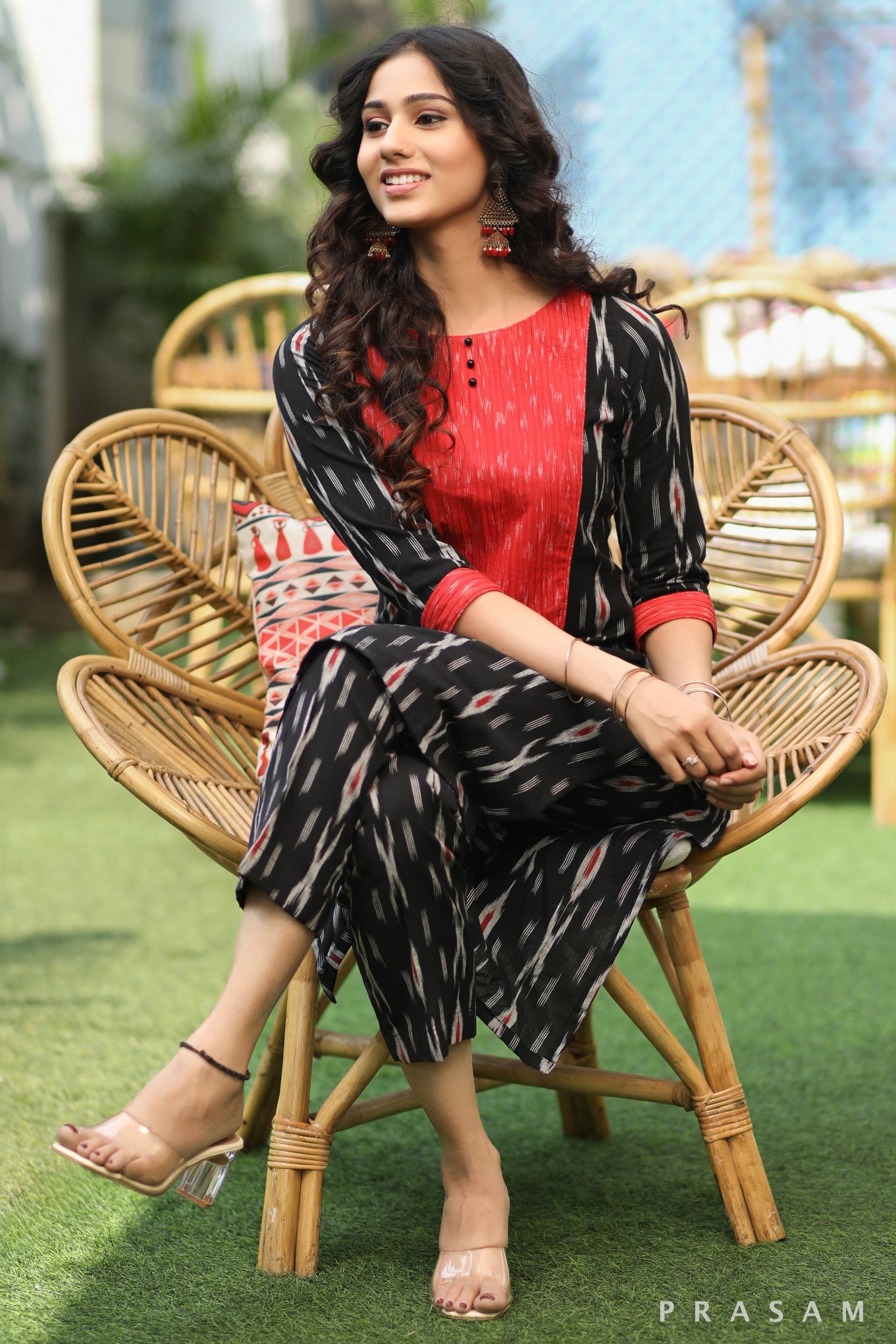 Black Bean Must Have Black Handloom Cotton Red Ikat Yoke Kurti with Pants