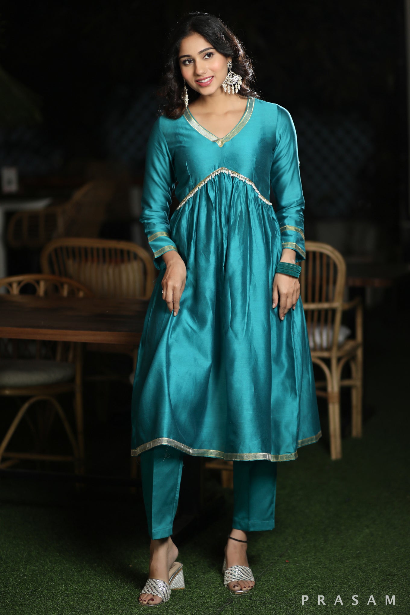 Glamour & Grace Vibrant Chanderi Silk Kurta Set With Gathers And Ethnic Lace (Dupatta Optional)