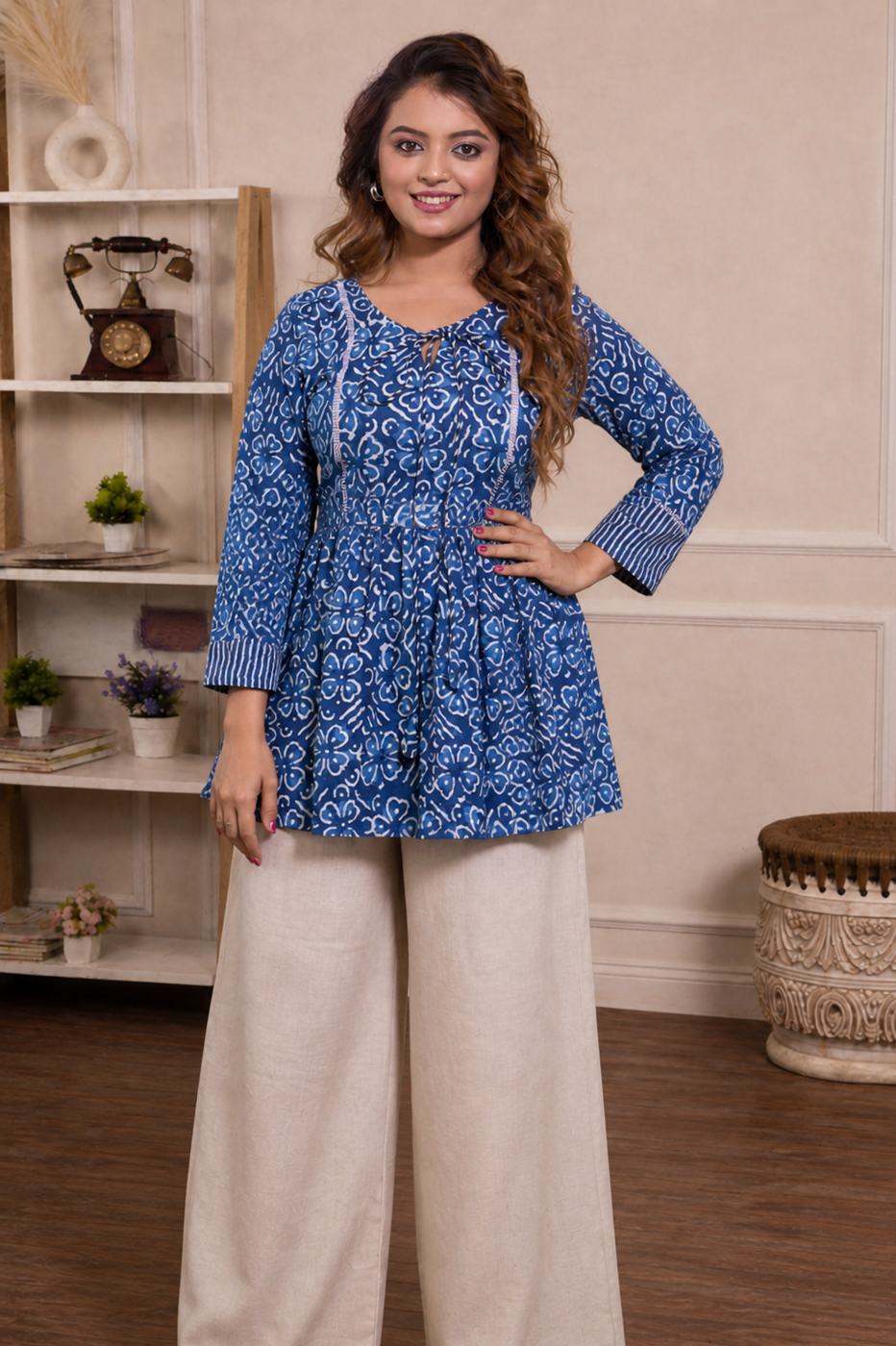 Celestial Indigo Bagru Tunic with Ajrak Accents