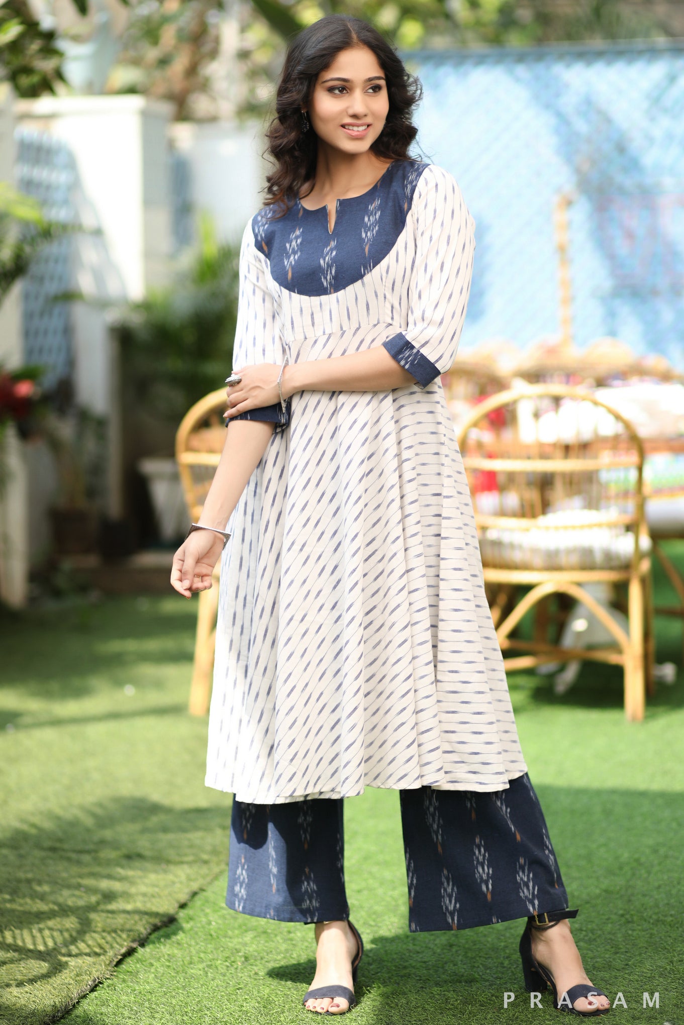 Contemporary Ikat Splendor Flattering White And Blue Ikat Fusion Kurta Set