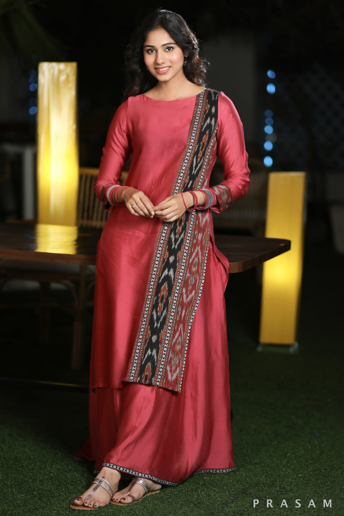 Patchwork Pomegranate Stunning Silk Modal With Ikat Panel Kurti Flared Palazzo Set