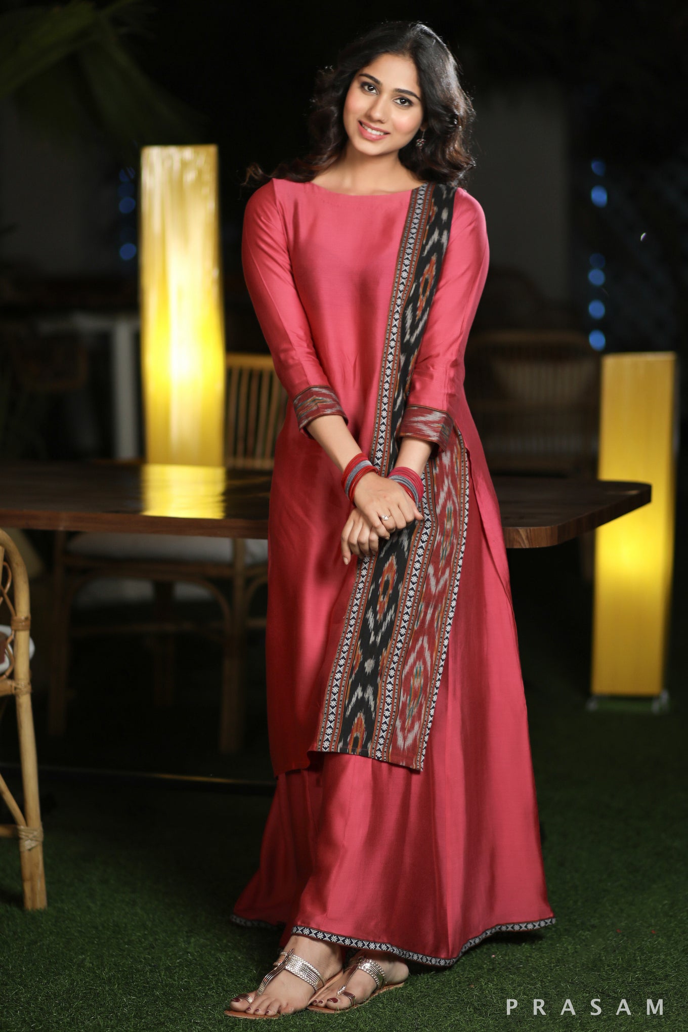 Patchwork Pomegranate Stunning Silk Modal With Ikat Panel Kurti Flared Palazzo Set
