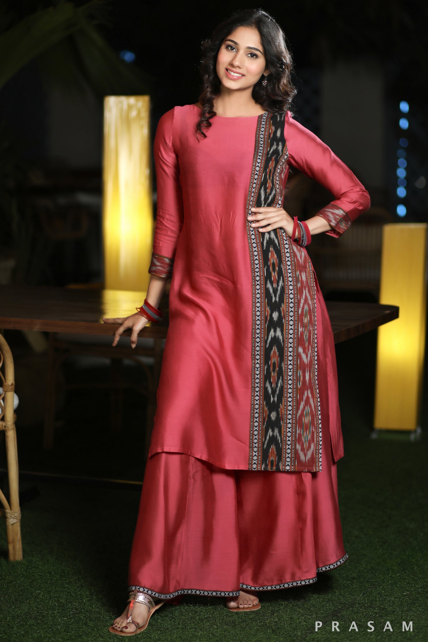 Patchwork Pomegranate Stunning Silk Modal With Ikat Panel Kurti Flared Palazzo Set