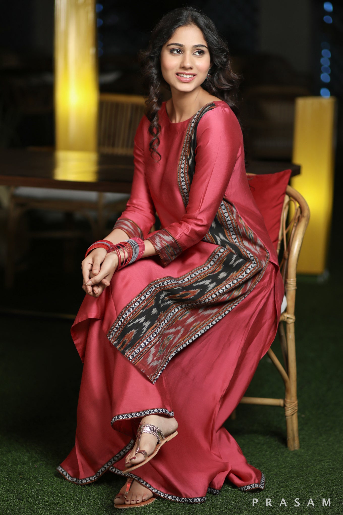 Patchwork Pomegranate Stunning Silk Modal With Ikat Panel Kurti Flared Palazzo Set