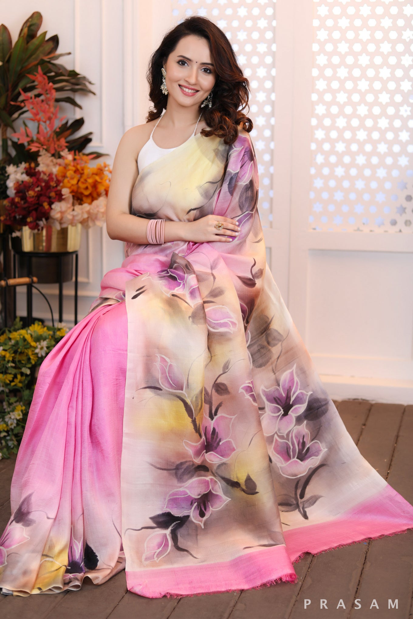 Blush Pink Petals Pretty pink silk handpainted saree