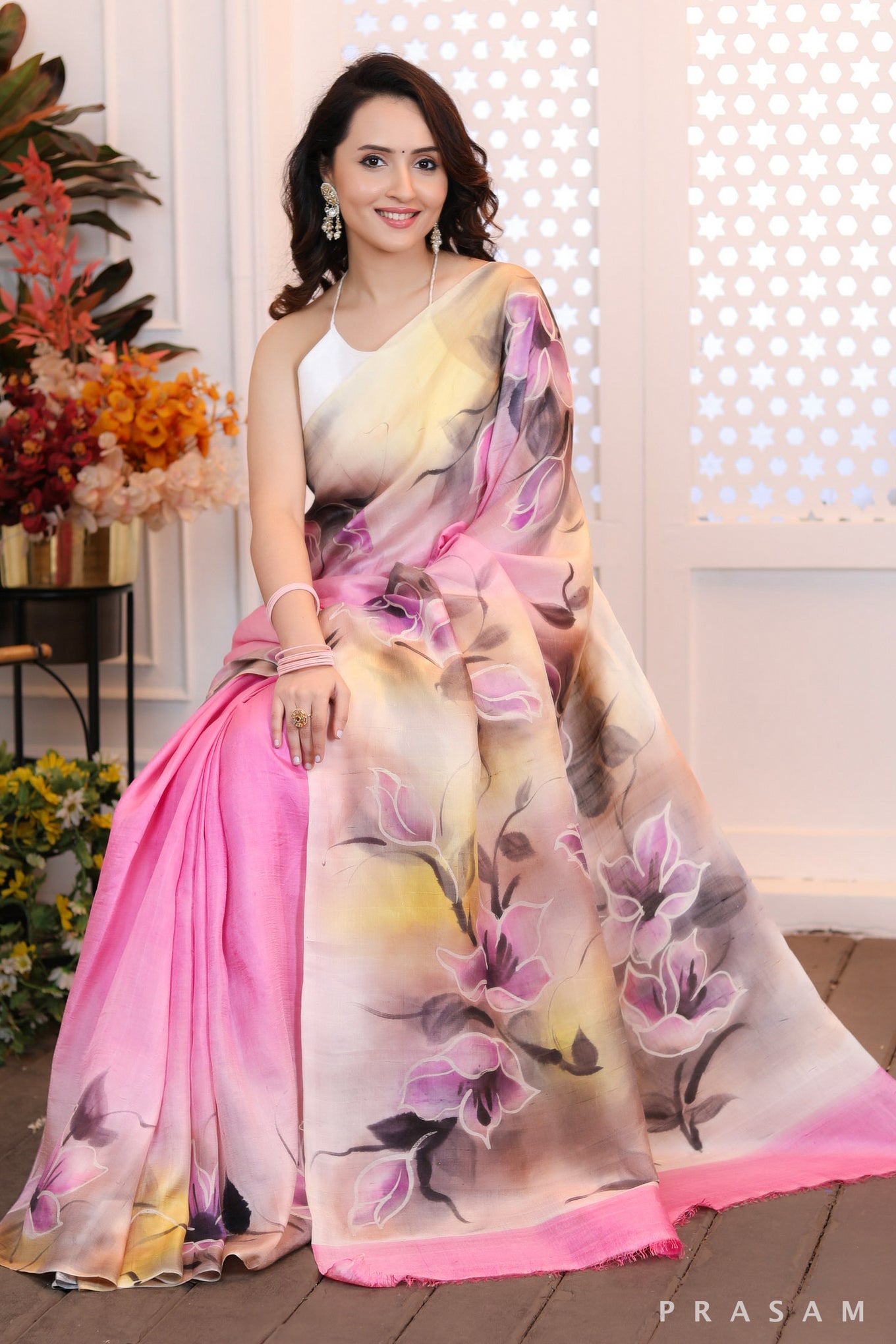 Blush Pink Petals Pretty pink silk handpainted saree