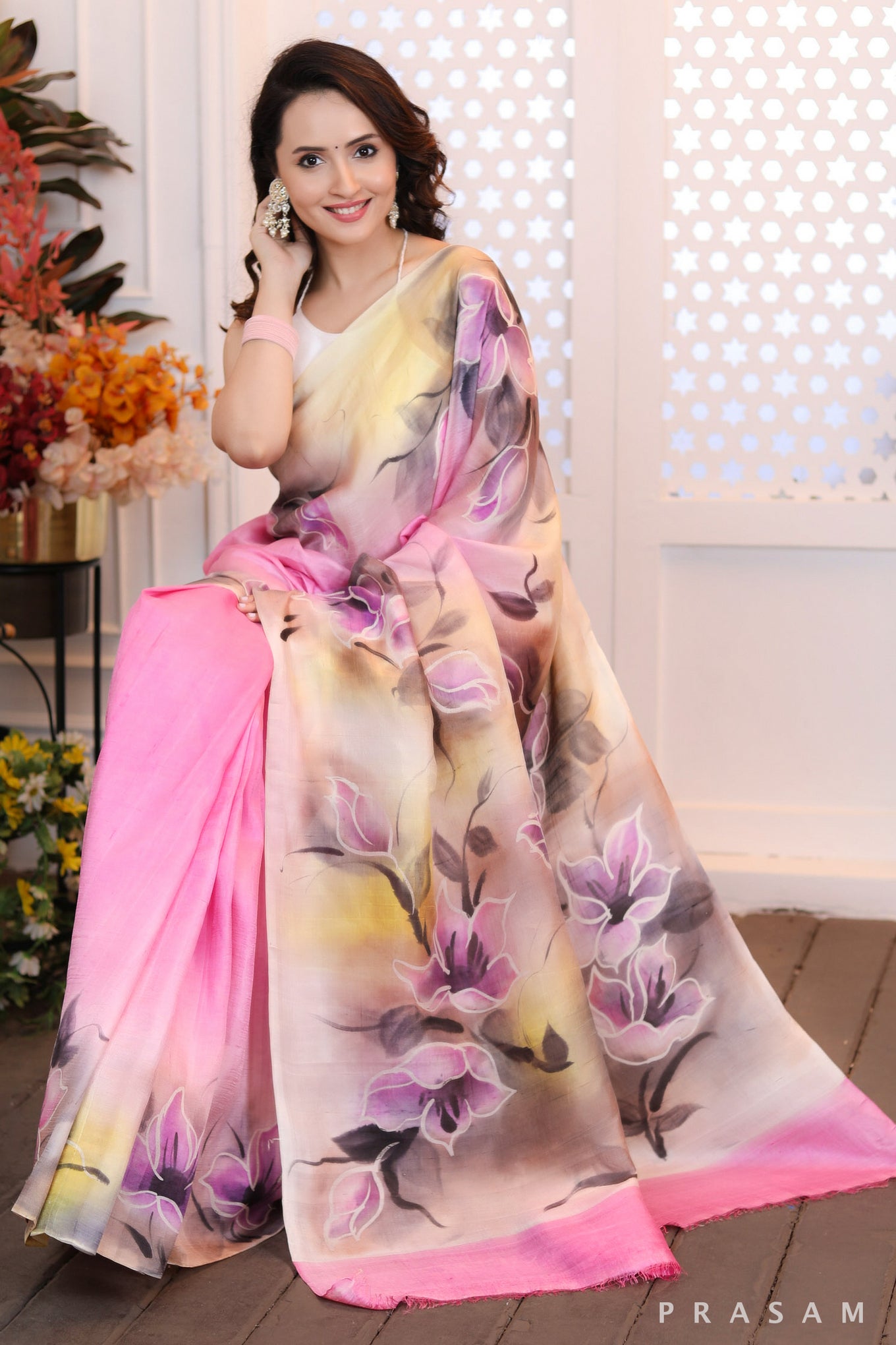 Blush Pink Petals Pretty pink silk handpainted saree