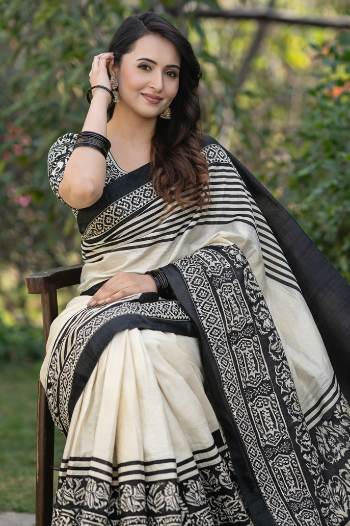Aksaa Charcoal Hand painted Pure Silk Saree
