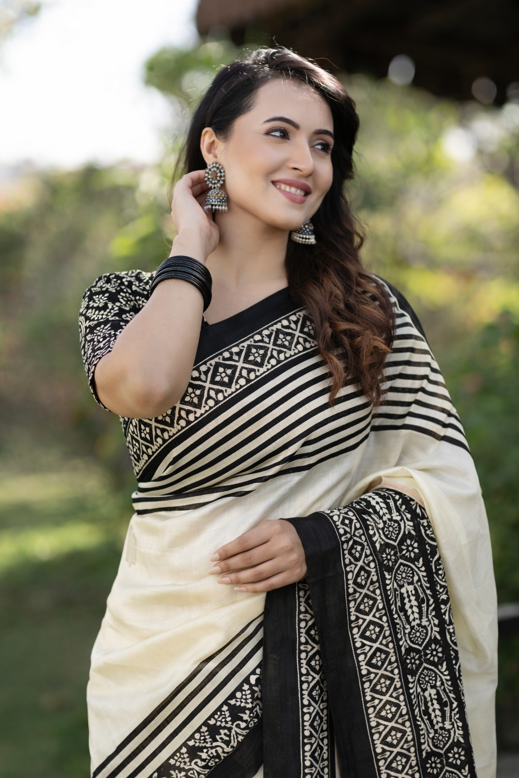Aksaa Charcoal Hand painted Pure Silk Saree