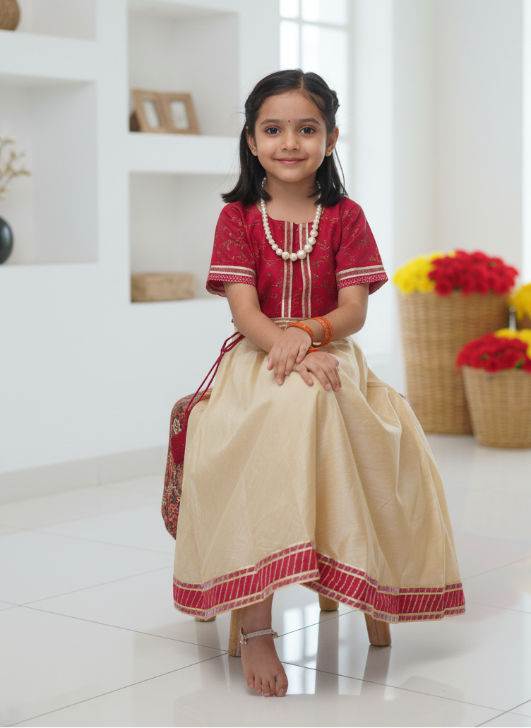 Celebrate your little one’s charm with the Anokhe Bachpan Hand Block Printed Top & Skirt Set by Prasam Crafts. Crafted in soft cotton blend with intricate block prints, it’s designed for effortless comfort, festive elegance, and everyday playfulness.