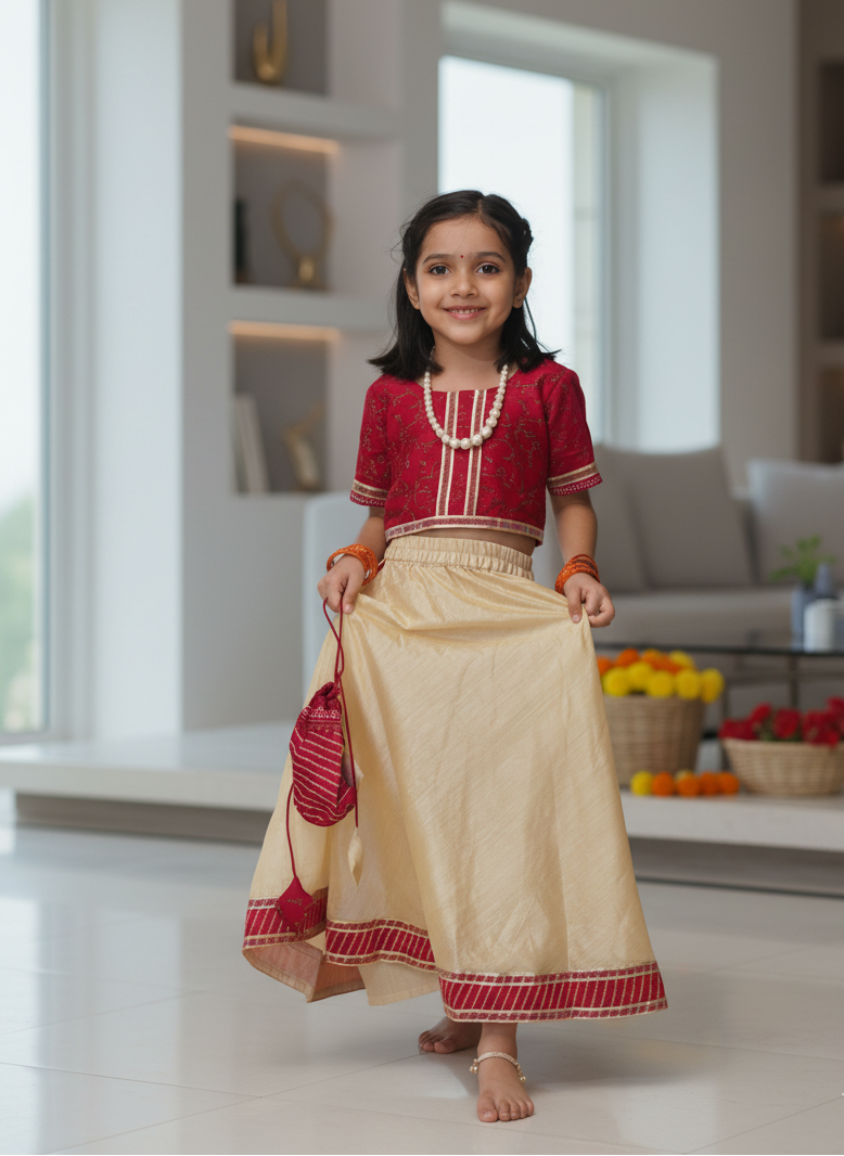 Celebrate your little one’s charm with the Anokhe Bachpan Hand Block Printed Top & Skirt Set by Prasam Crafts. Crafted in soft cotton blend with intricate block prints, it’s designed for effortless comfort, festive elegance, and everyday playfulness.