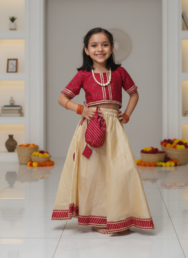 Celebrate your little one’s charm with the Anokhe Bachpan Hand Block Printed Top & Skirt Set by Prasam Crafts. Crafted in soft cotton blend with intricate block prints, it’s designed for effortless comfort, festive elegance, and everyday playfulness.