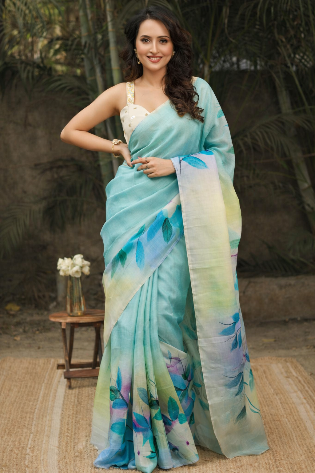 Aqua Lilies Hand-Painted Pure Silk Saree