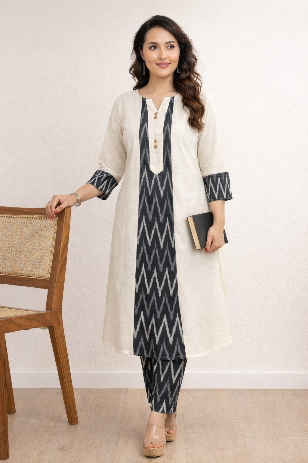 Ivory & Black Ikat A-Line Kurti Set