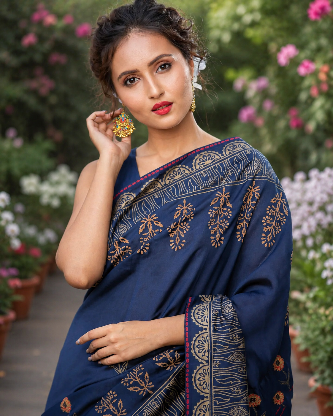 Sapphire Star Bust-Silk Modal Block Print Saree
