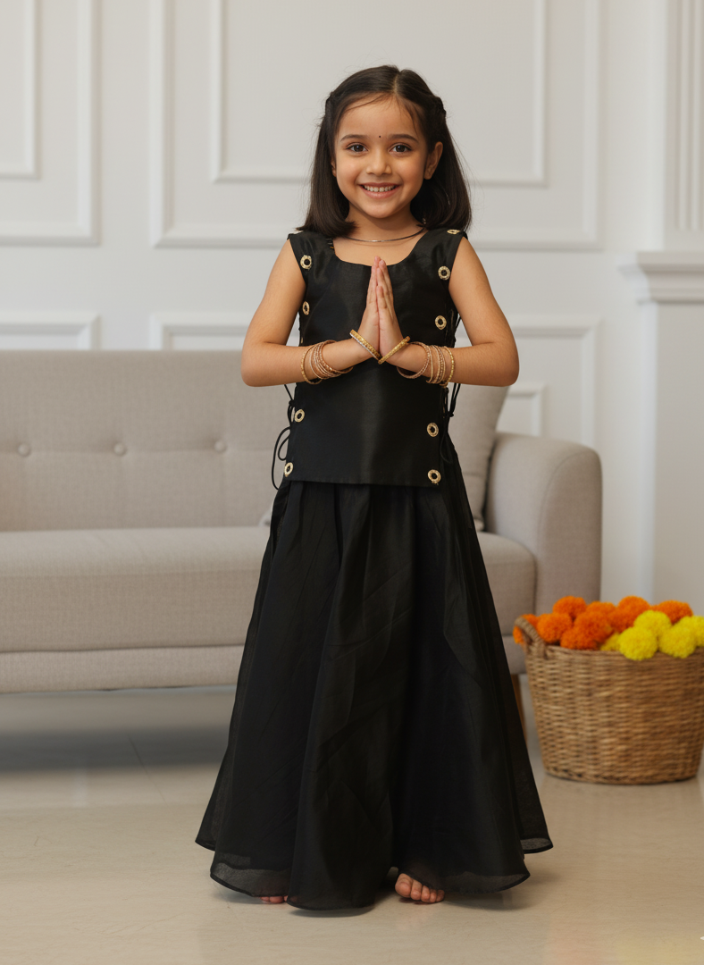 Handcrafted block printed Chanderi top & skirt set for girls — soft, festive & elegant. Lightweight comfort & artisanal charm by Prasam Crafts.