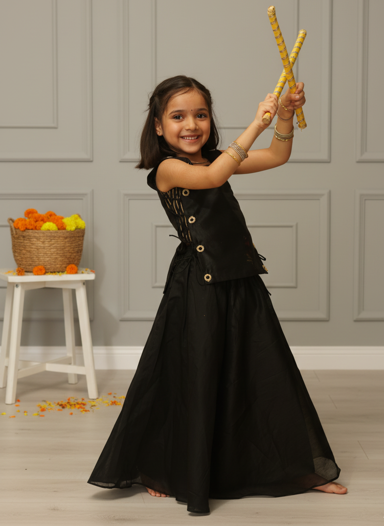 Handcrafted block printed Chanderi top & skirt set for girls — soft, festive & elegant. Lightweight comfort & artisanal charm by Prasam Crafts.