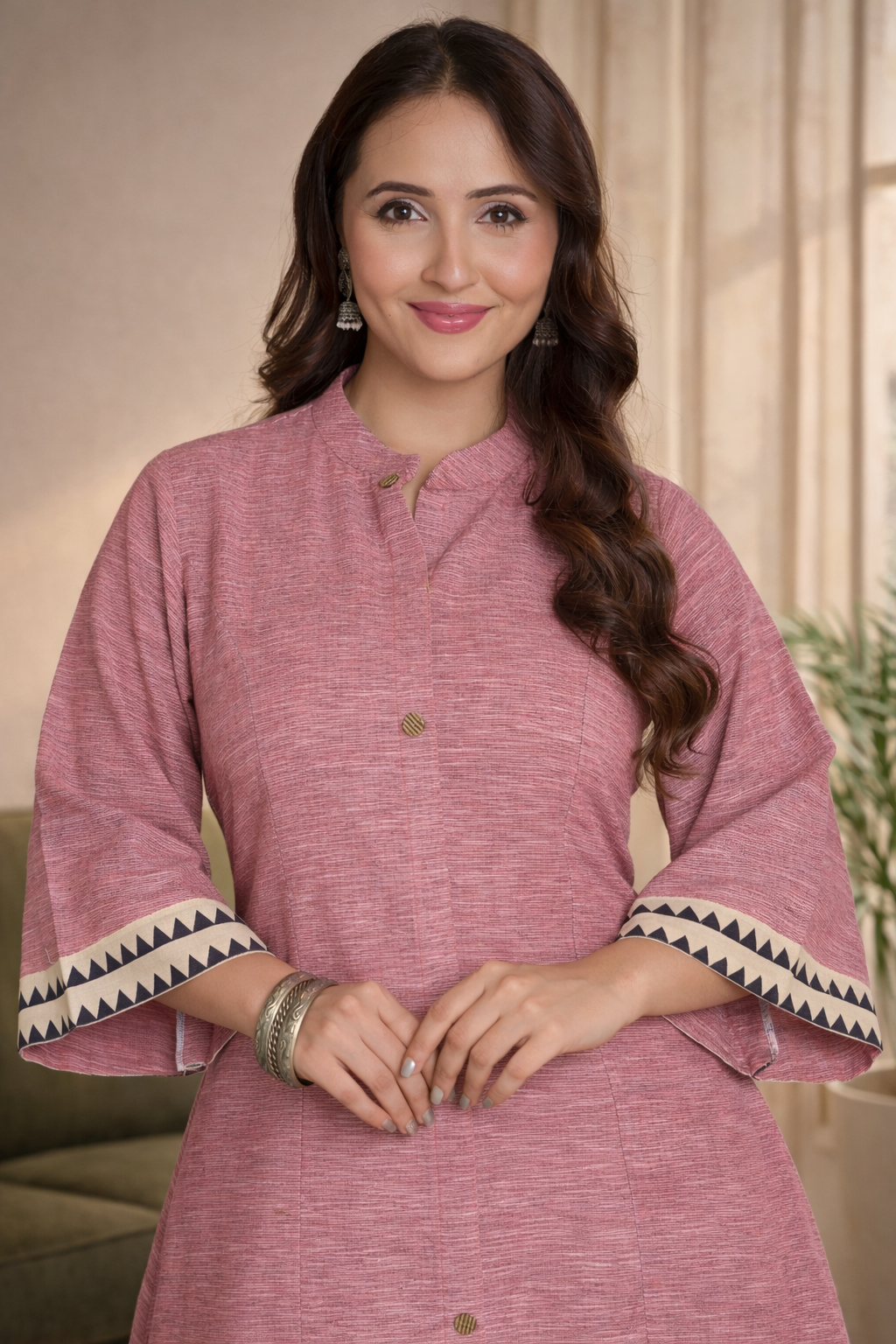 Rouge Pink Flared Kurta Set with Ajrak Trims