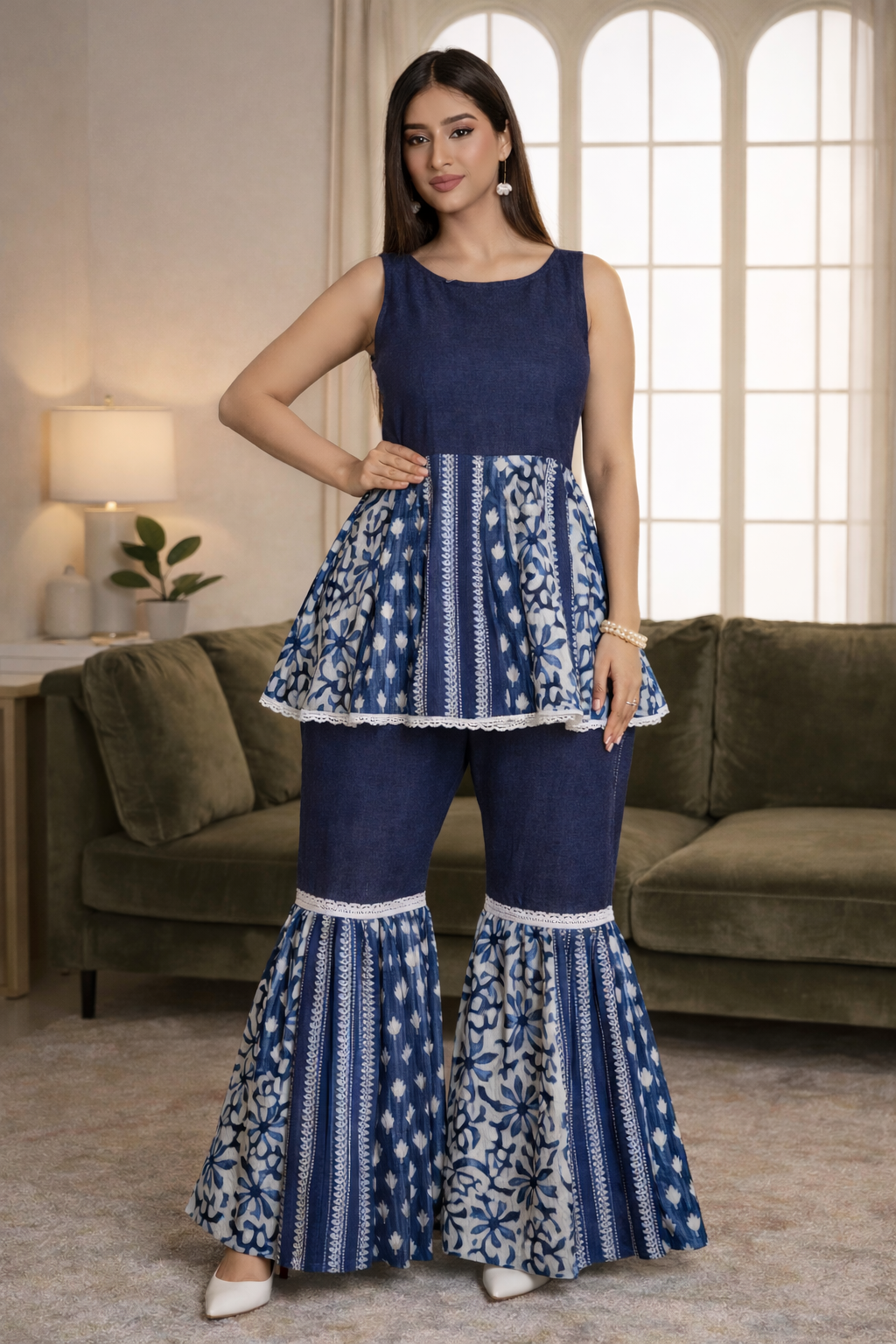 Indigo Dreams Bagru Handloom Mix and Match Kurti Set with Lace Trims