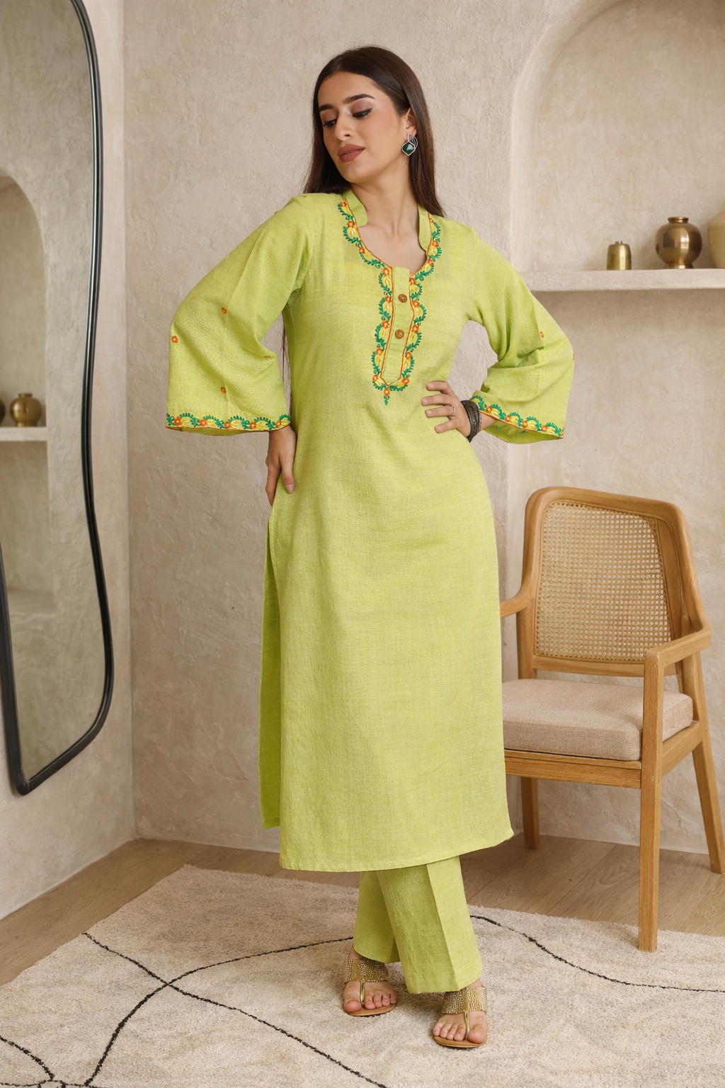Minted Glow Kurta Set with Embroidery Details