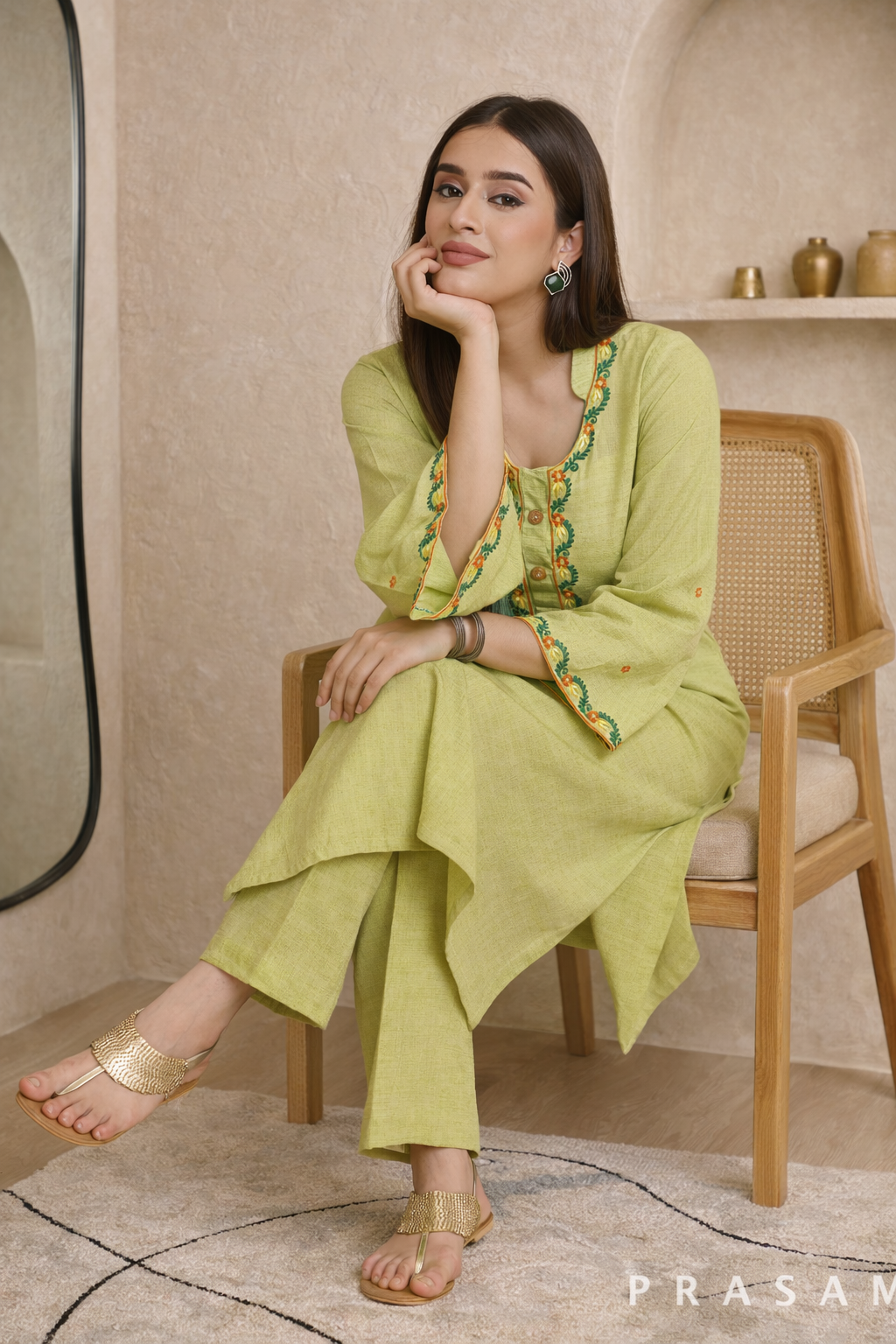 Minted Glow Kurta Set with Embroidery Details