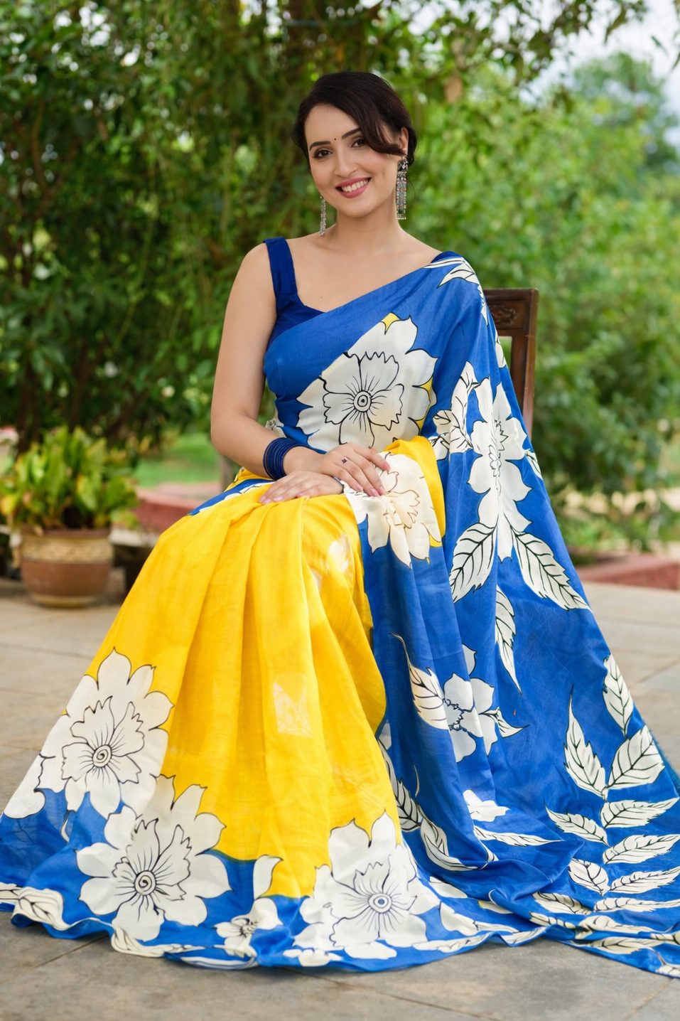 Cobalt Sunshine Hand-Painted Pure Silk Saree