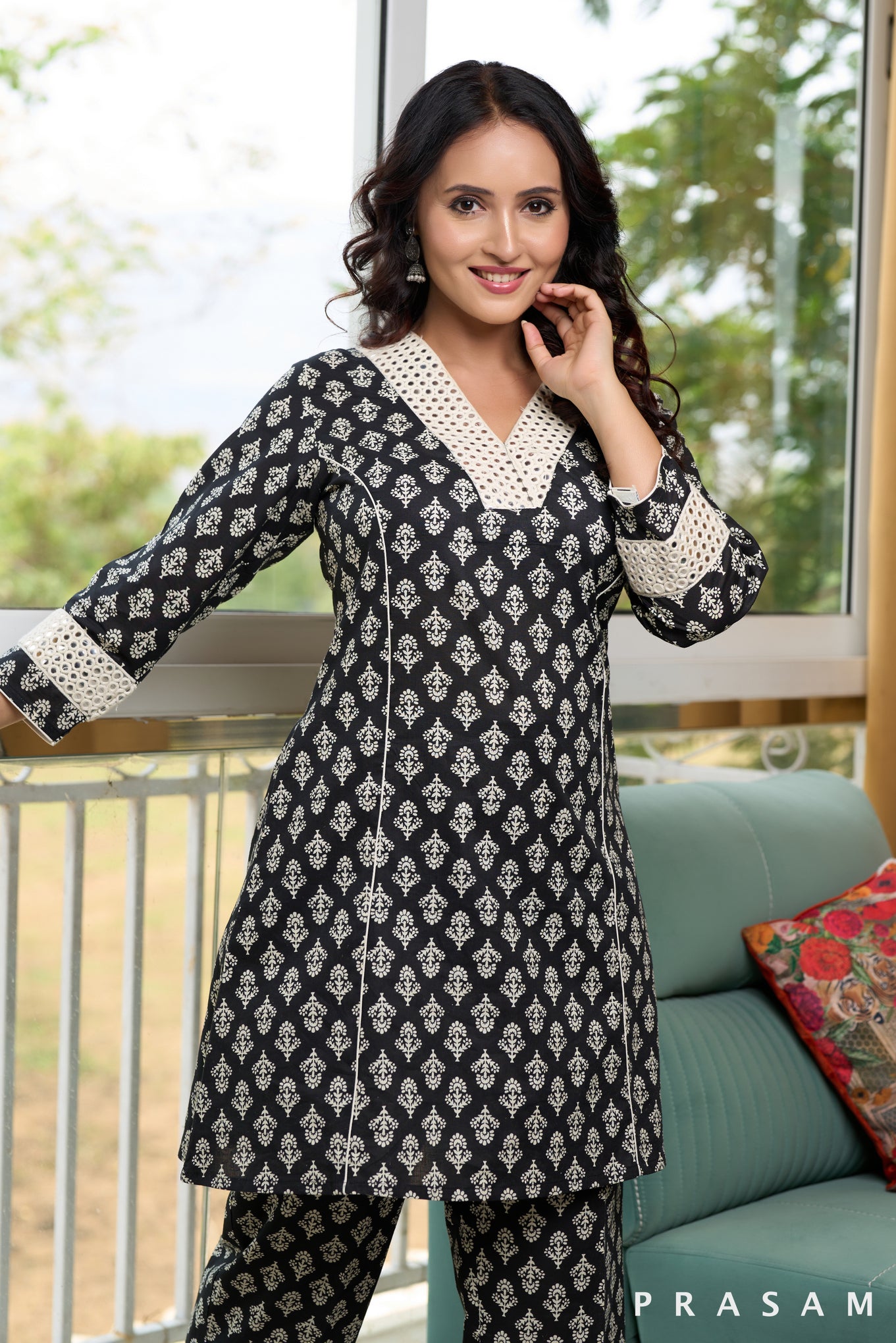 Women Black Cotton Printed & Hand Work Co-ord Set main image 1