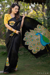 Mayuri glorious peacock hand painted black pure silk saree