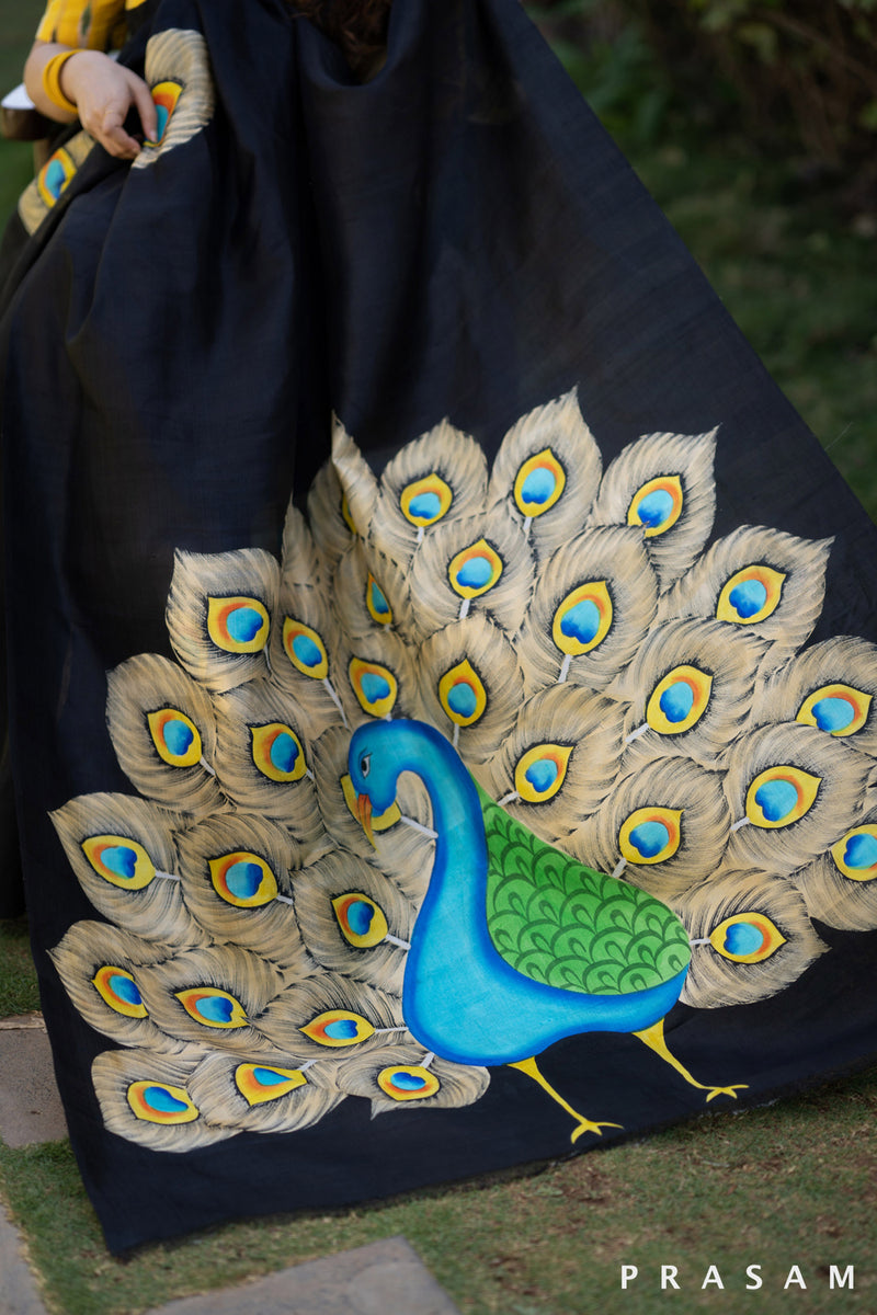 Mayuri glorious peacock hand painted black pure silk saree