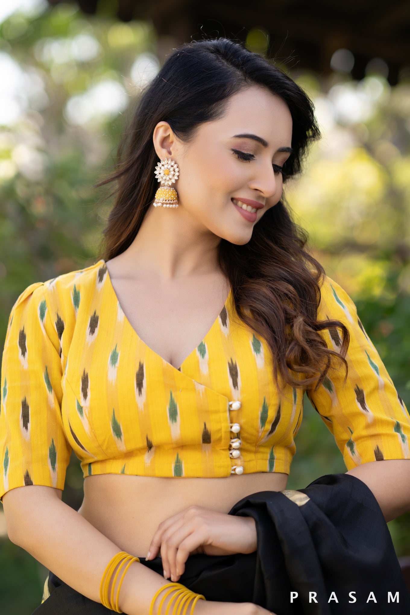 Yellow ikat overlap blouse with front pearl Buttons