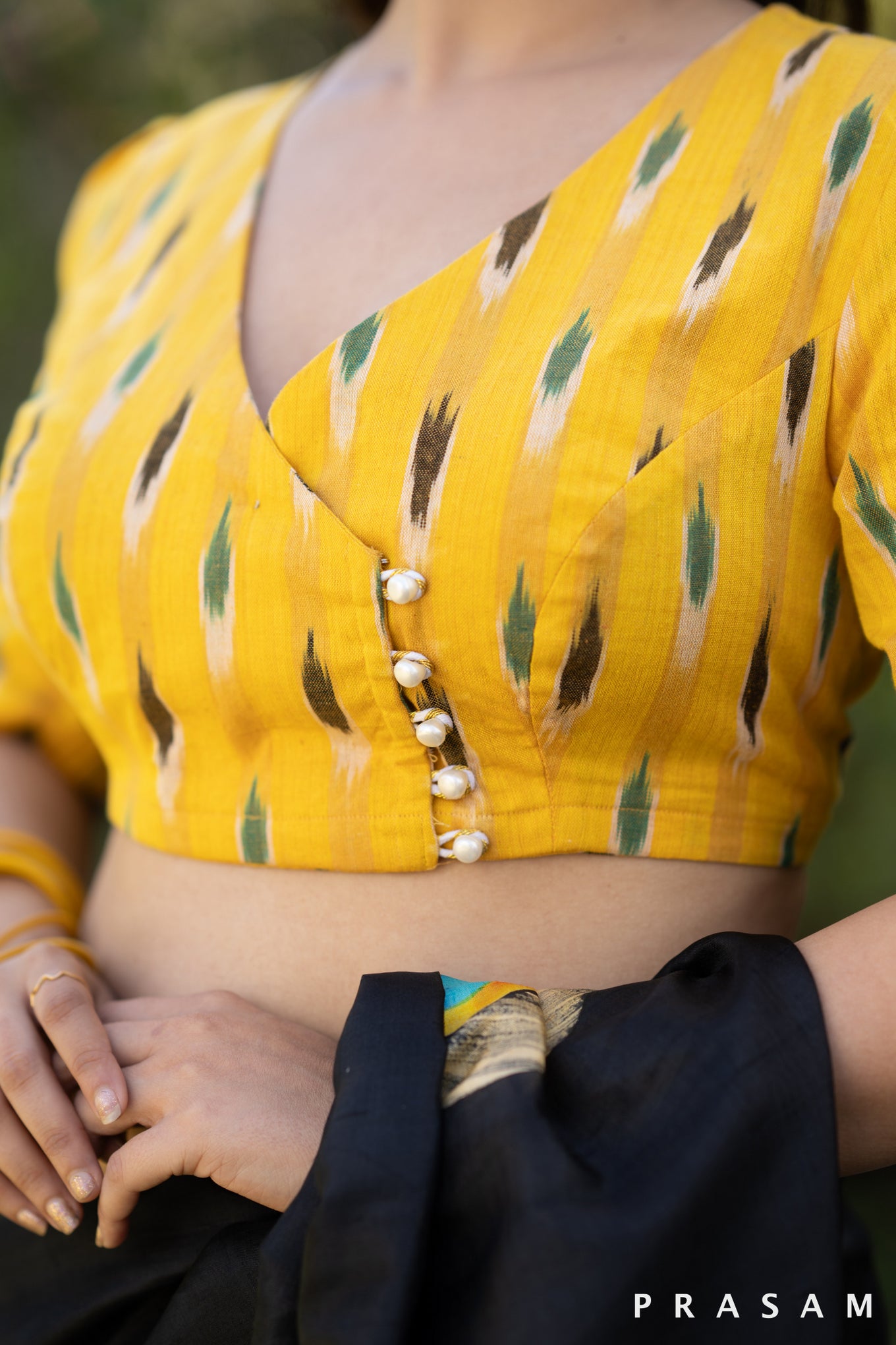 Yellow ikat overlap blouse with front pearl Buttons