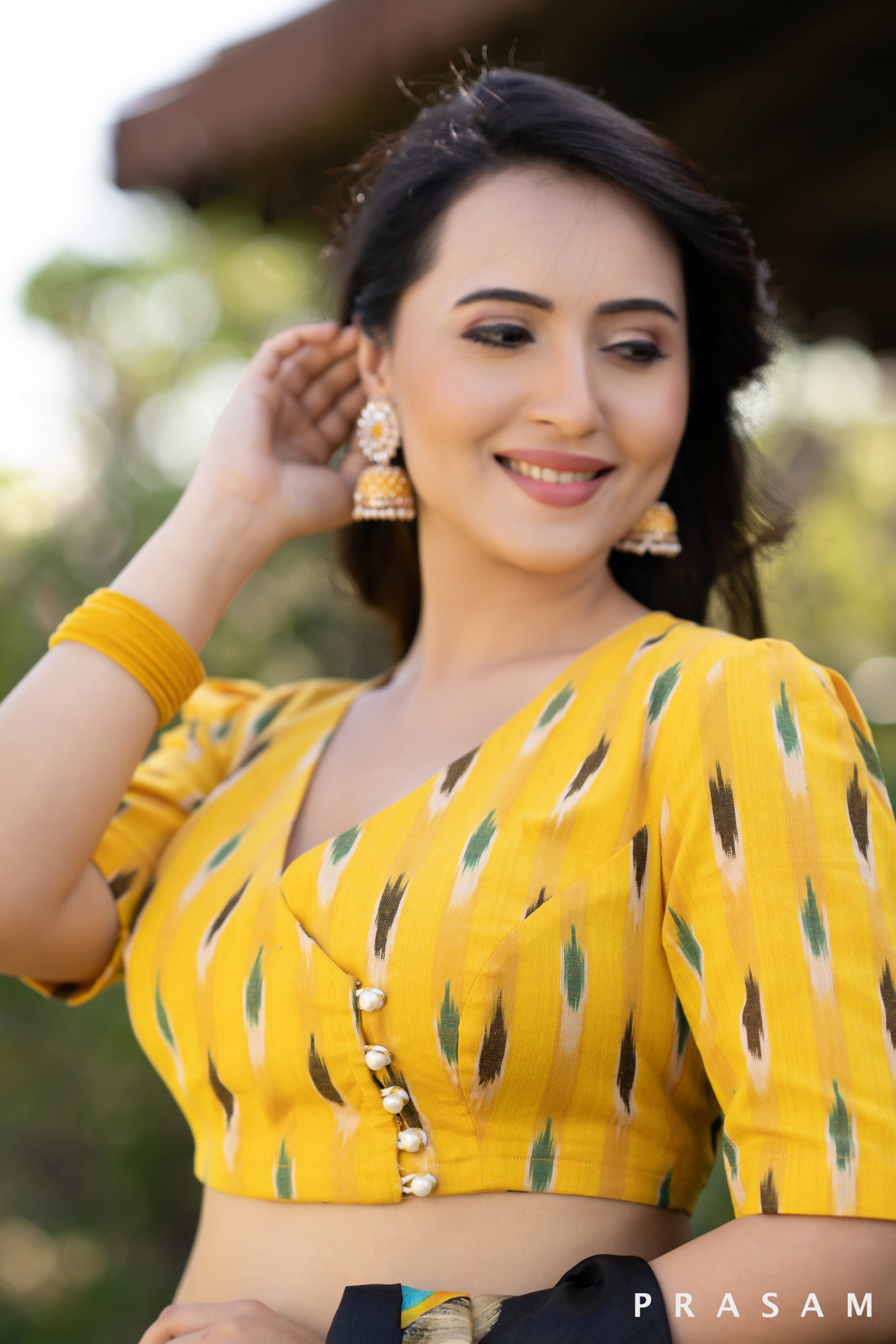 Yellow ikat overlap blouse with front pearl Buttons
