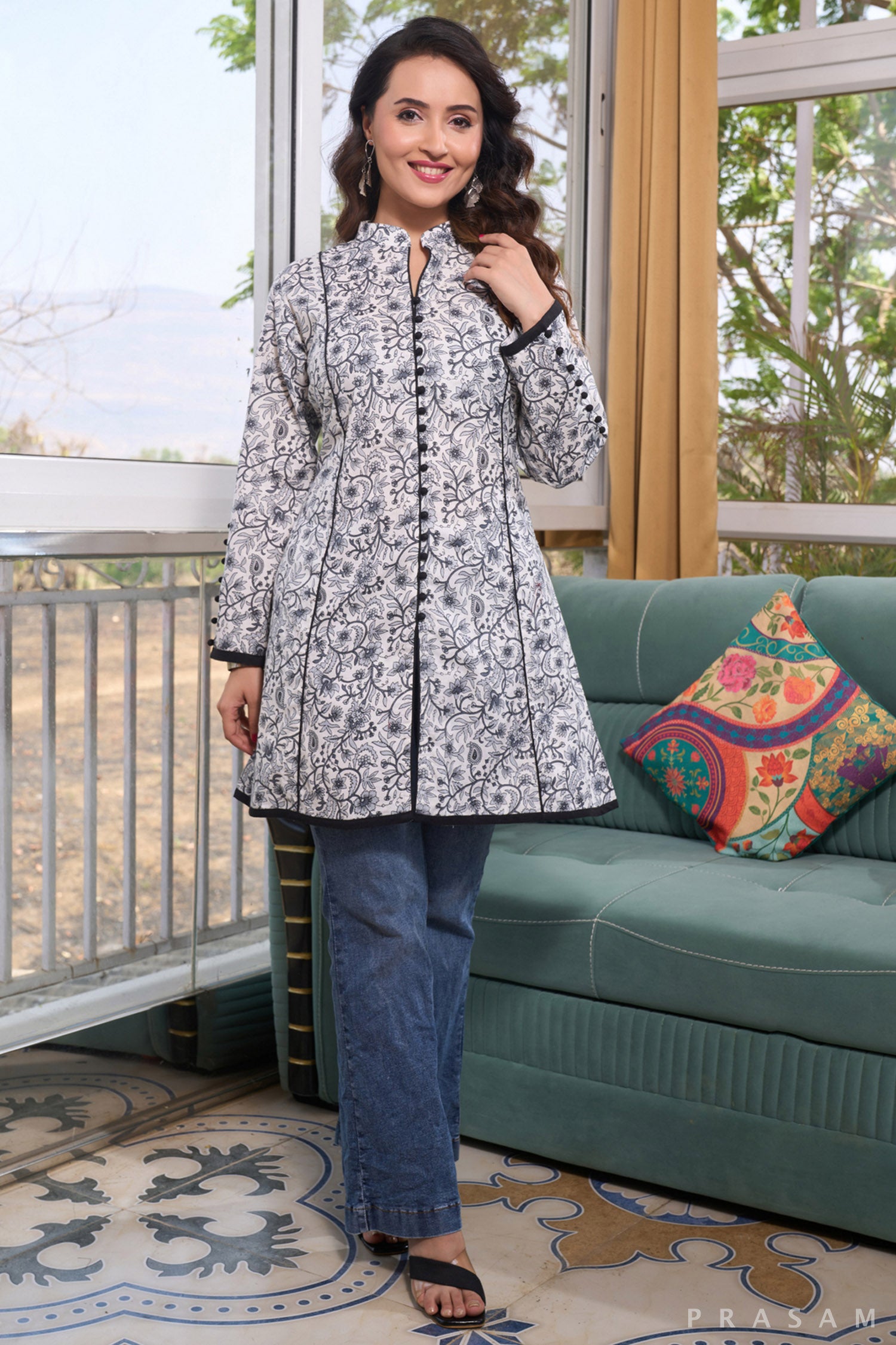 Monochrome Majesty Cotton Mul Print Kurti with Black Trims