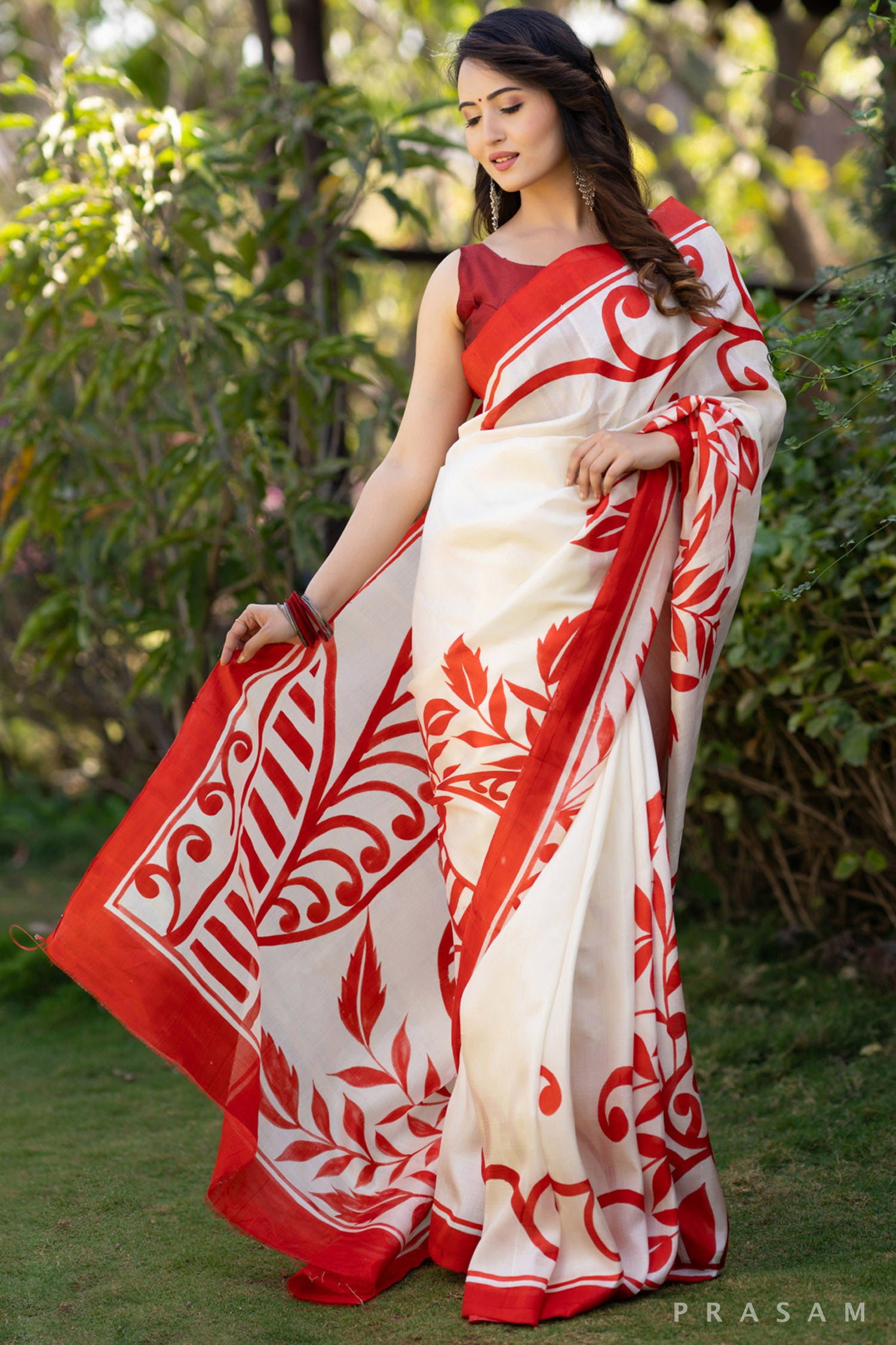 Crimson Garden Silk Hand Painted Saree