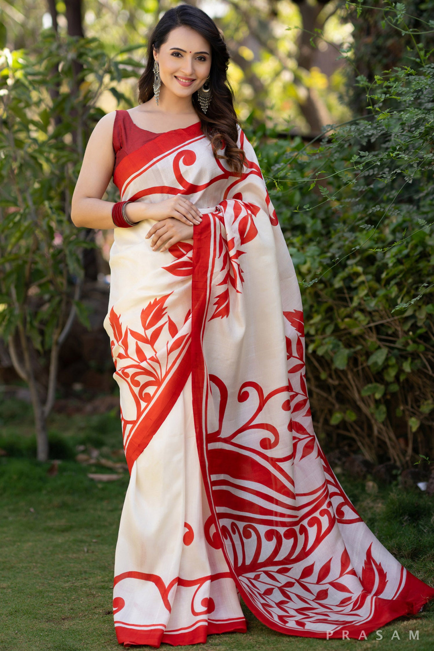 Crimson Garden Silk Hand Painted Saree