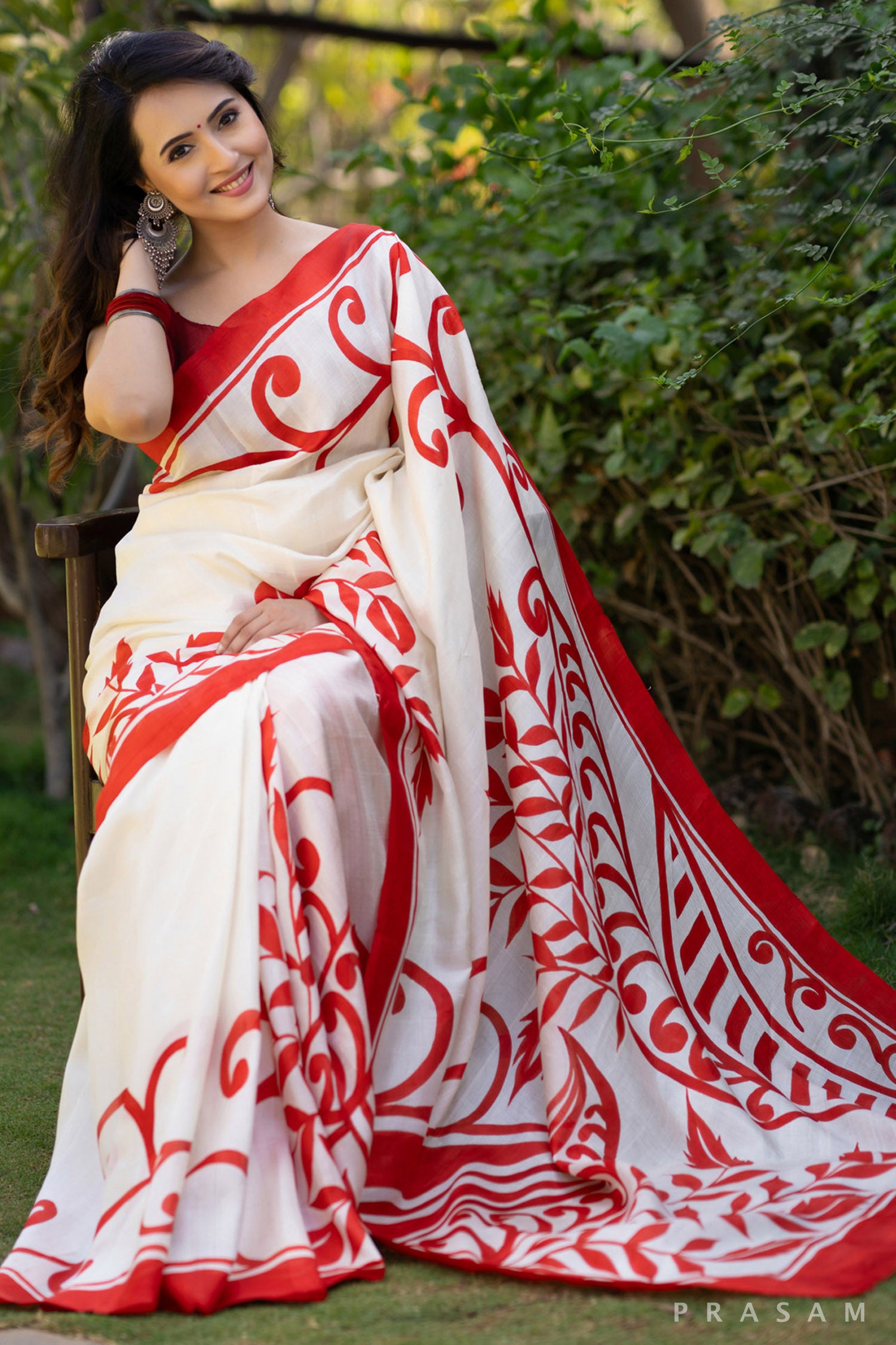 Crimson Garden Silk Hand Painted Saree