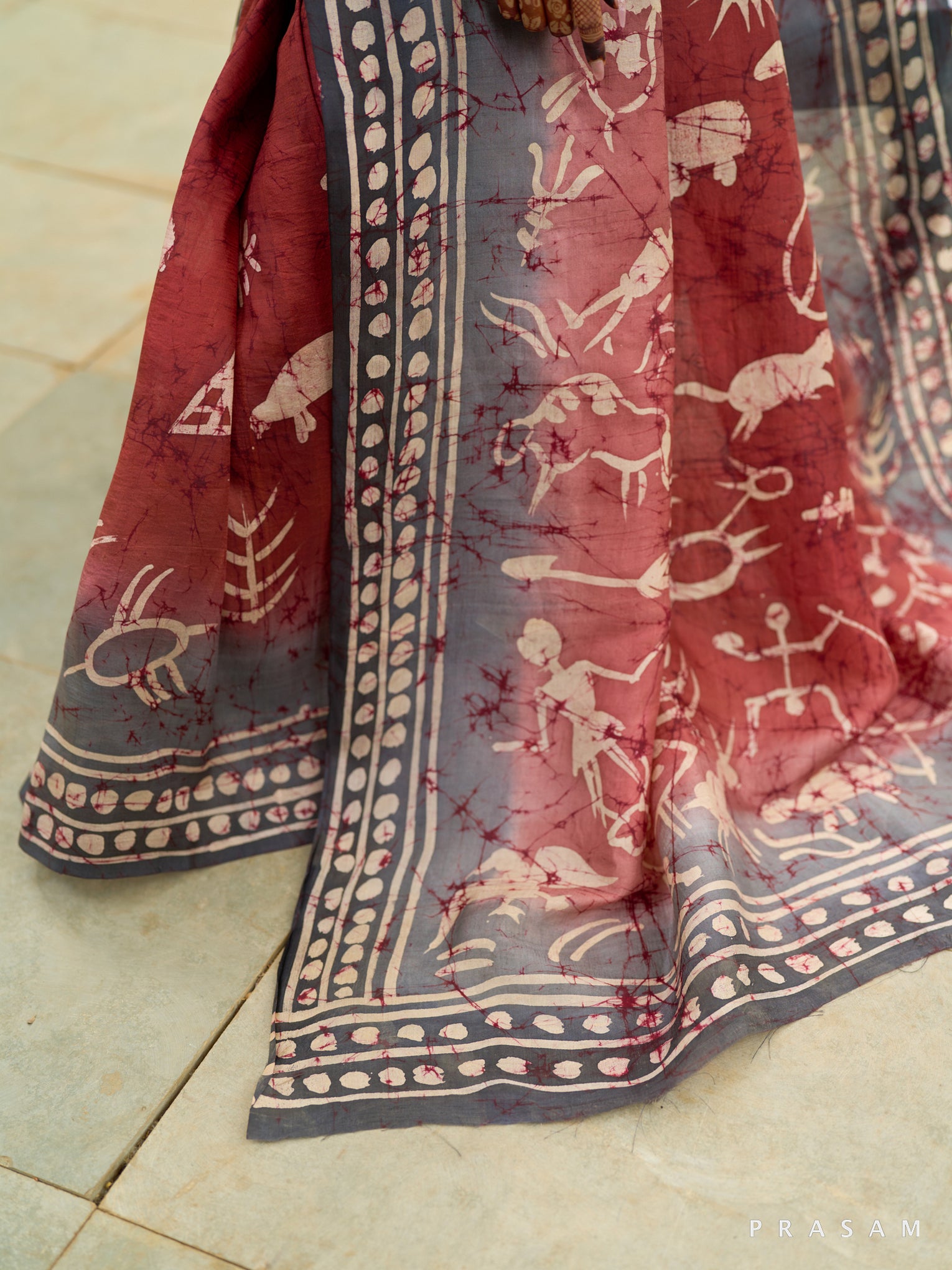 Maroon Manuscripts Hand Rendered Worli Print Pure Silk Saree