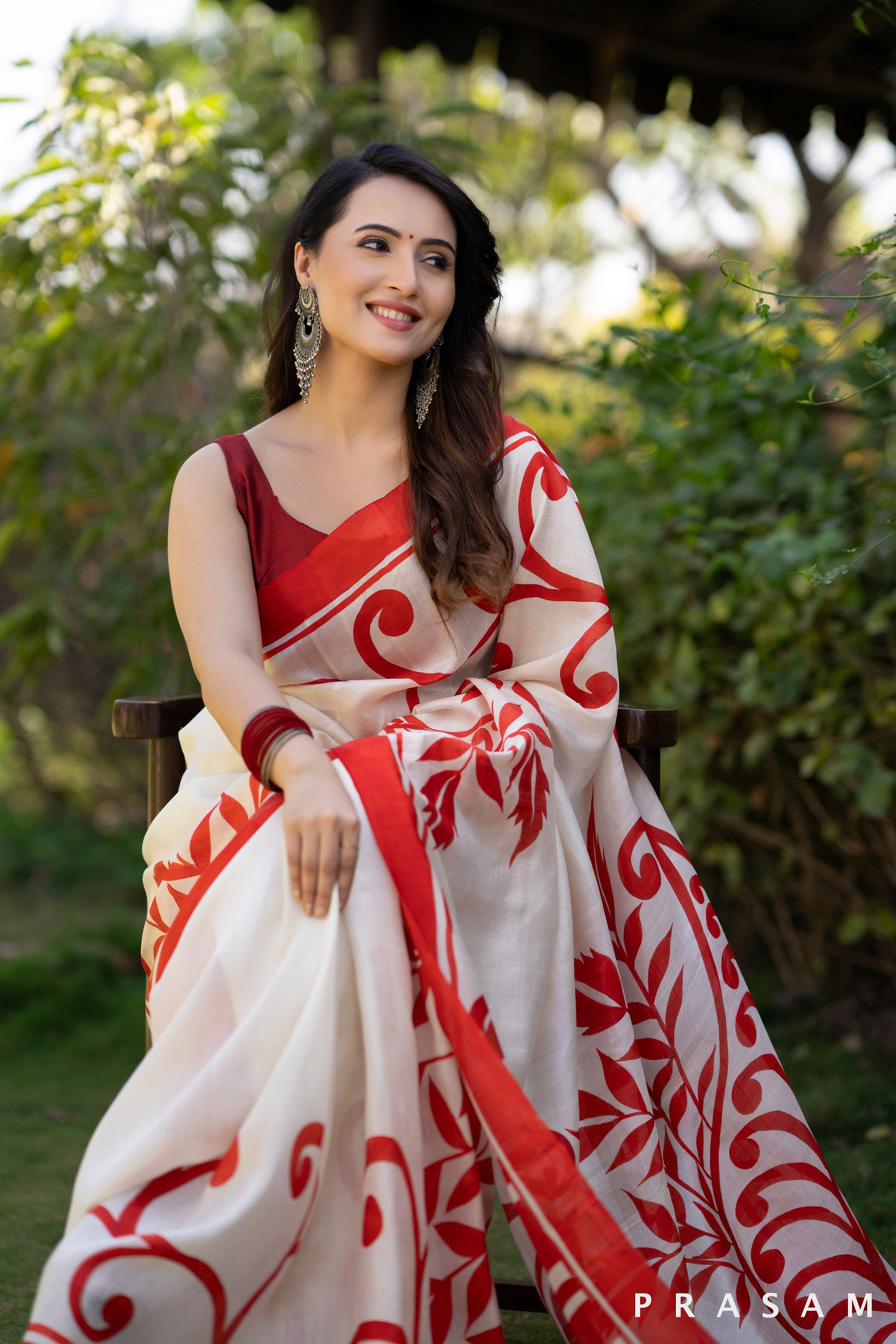 Crimson Garden Silk Hand Painted Saree