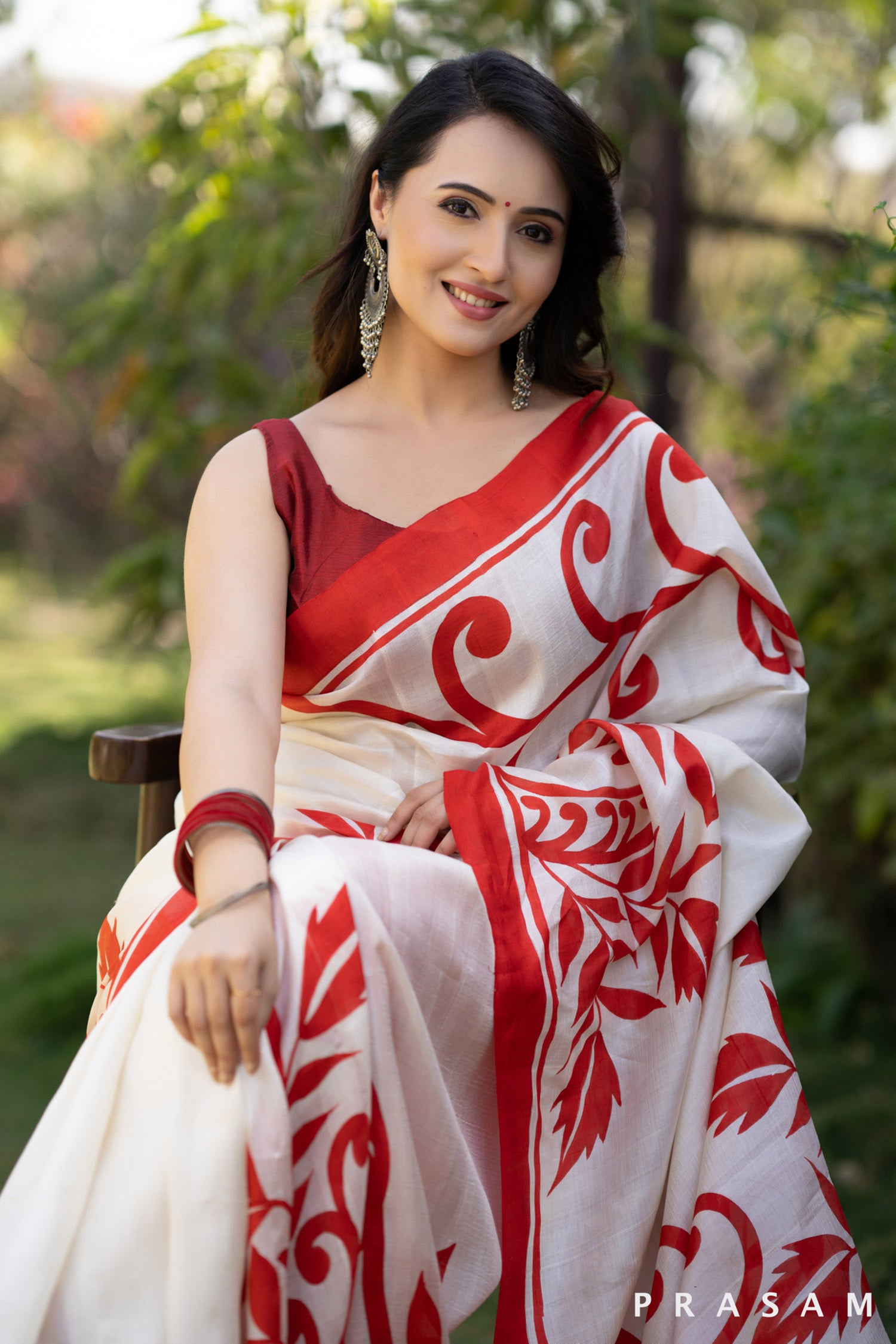 Crimson Garden Silk Hand Painted Saree