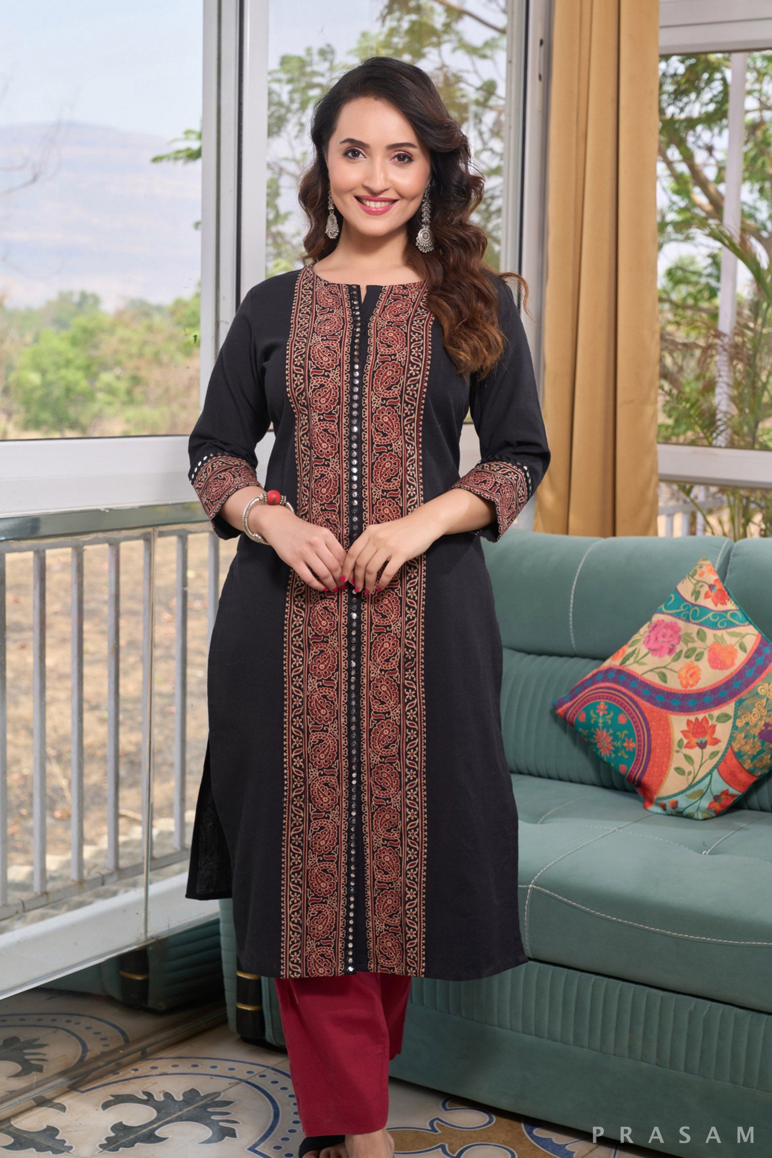 Noir Reflections Ajrak Border Kurti with Mirror Lace