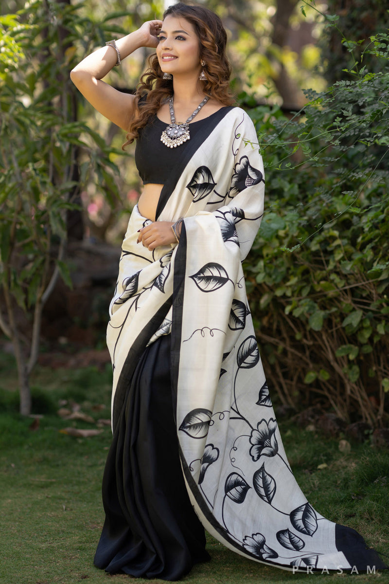 Noir garden black and white floral hand painted silk saree