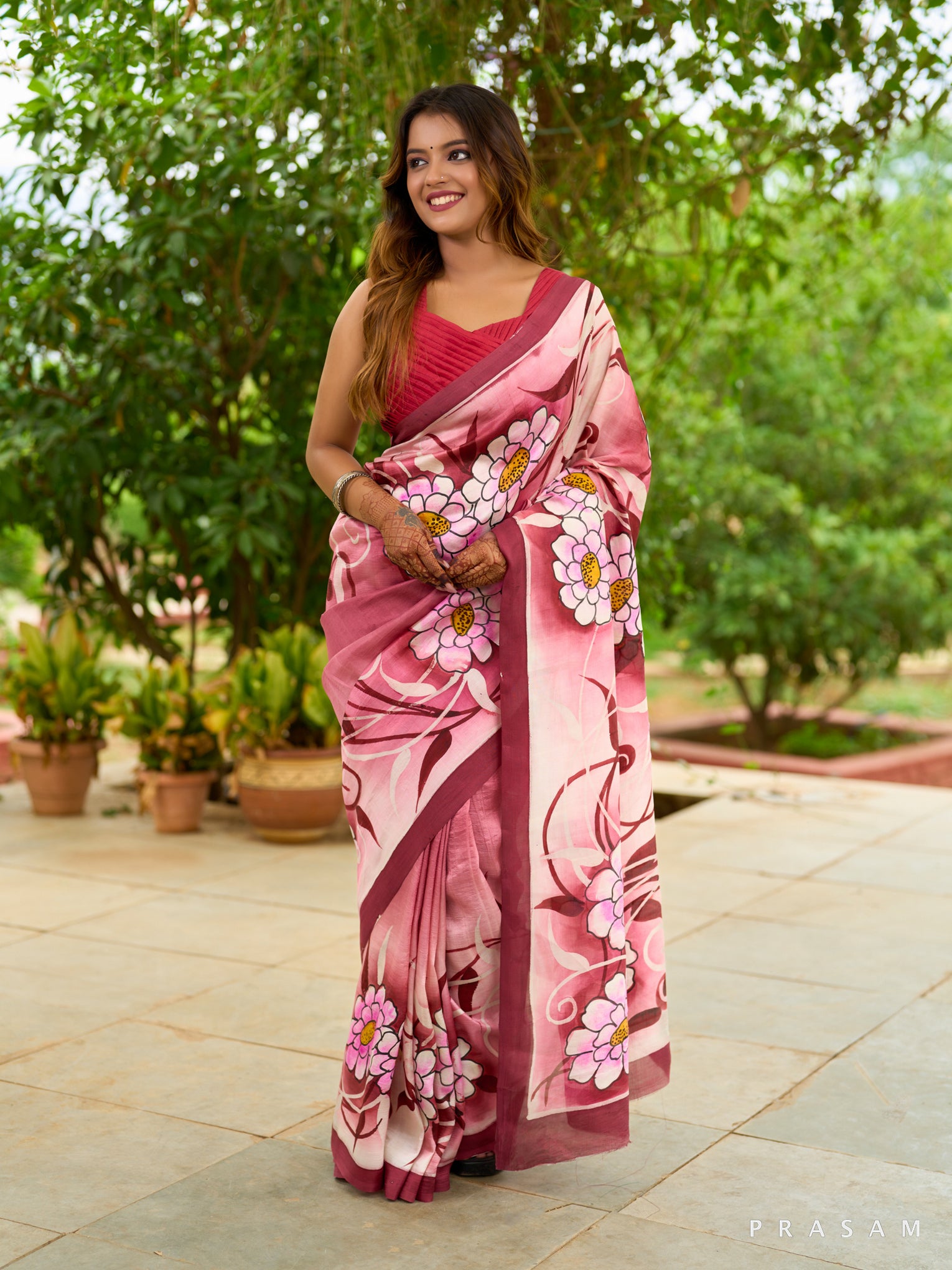 Burgundy Blossom Pure Silk Hand Painted Floral Saree