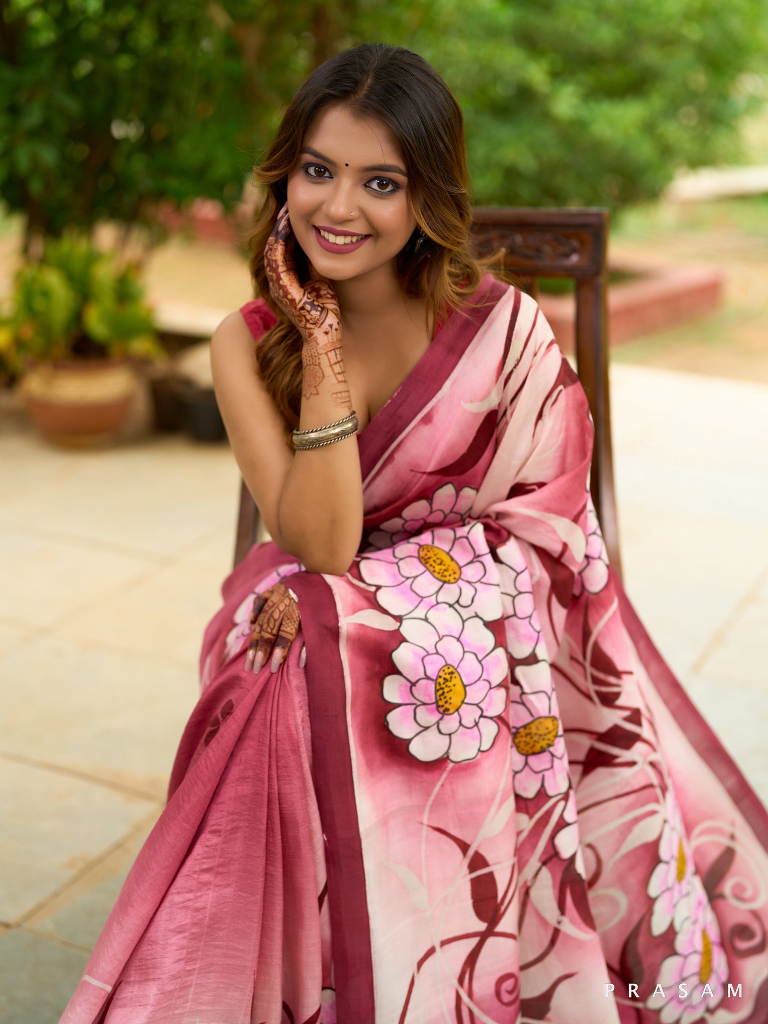 Burgundy Blossom Pure Silk Hand Painted Floral Saree