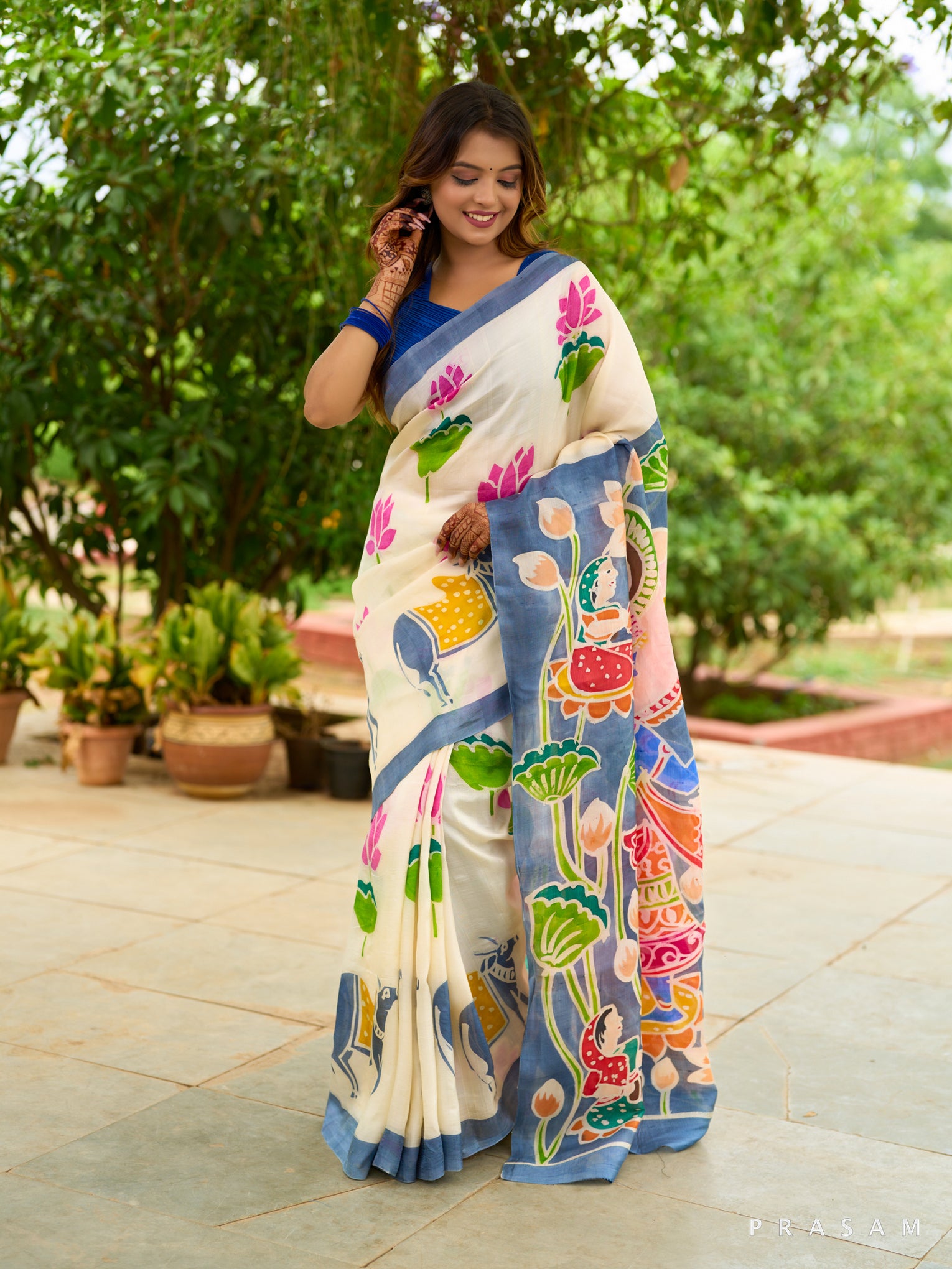 Pure White Radha Krishna Floral Saree - Ash Grey Accents