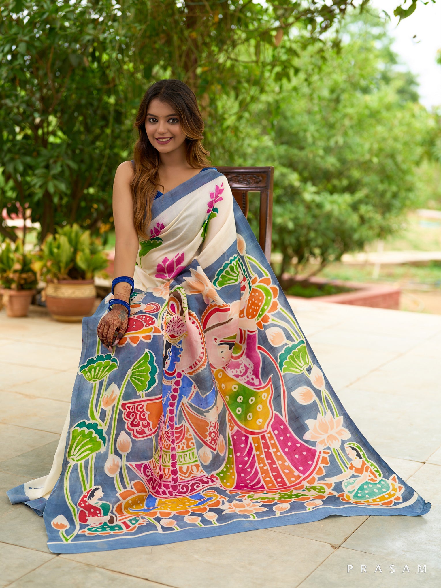 Pure White Radha Krishna Floral Saree - Ash Grey Accents