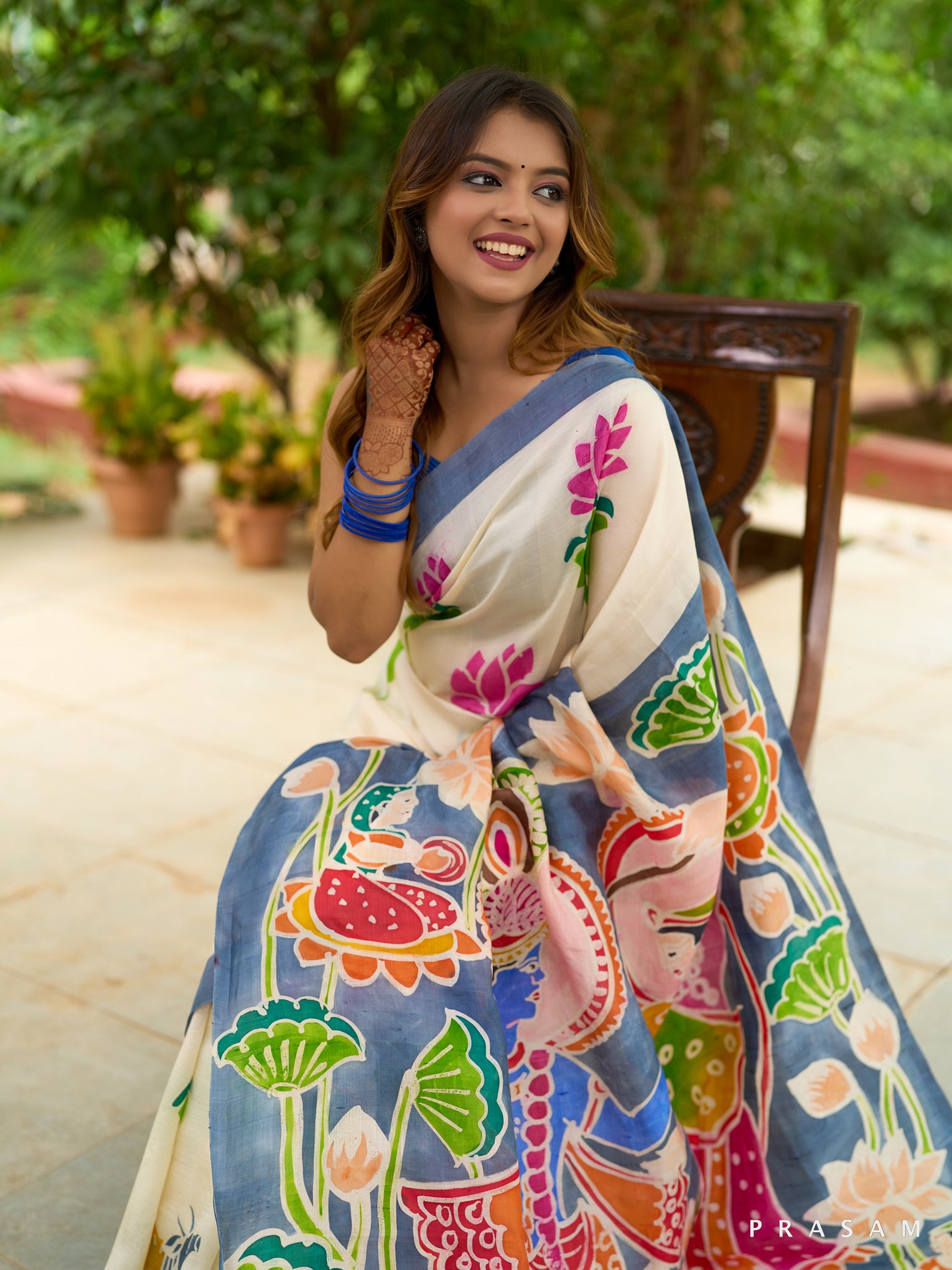Pure White Radha Krishna Floral Saree - Ash Grey Accents
