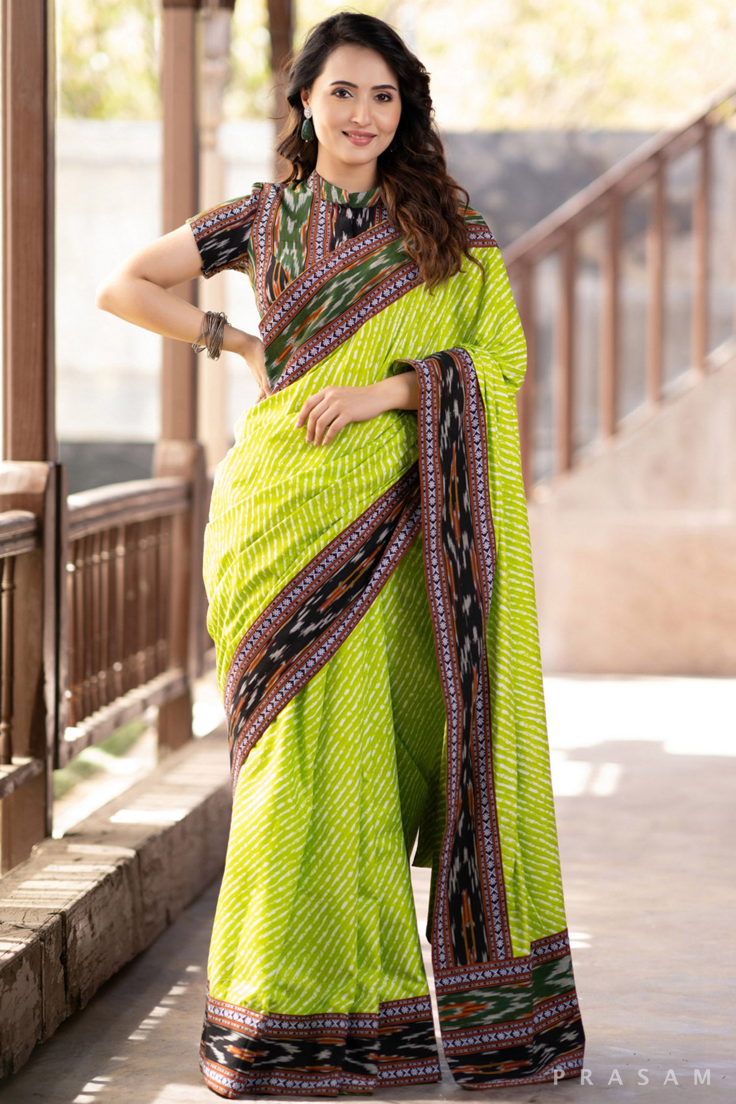 Indy Bliss Green leheriya Mul Saree with Ikat Border