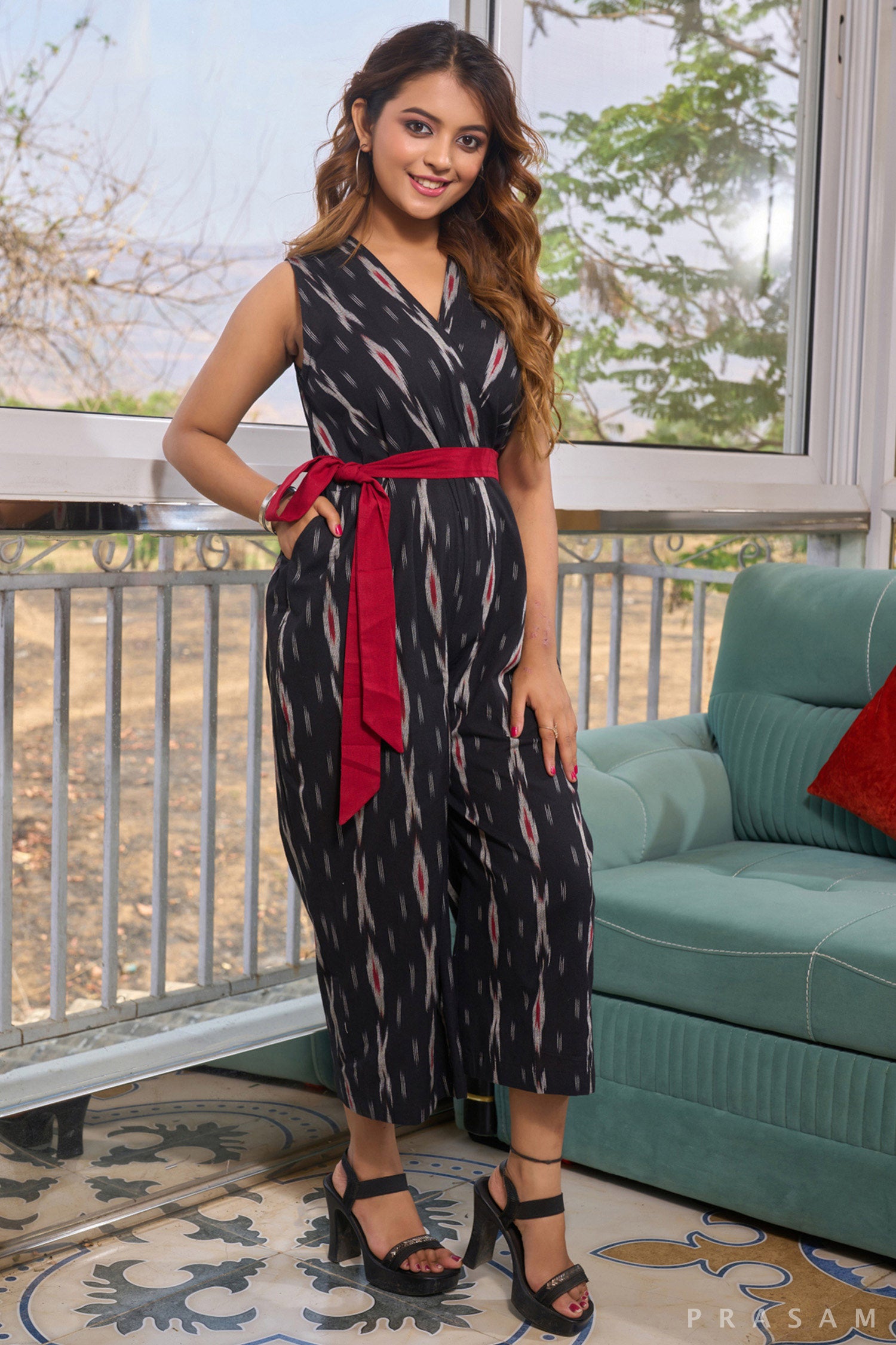 Midnight Elegance Jumpsuit with Maroon Belt